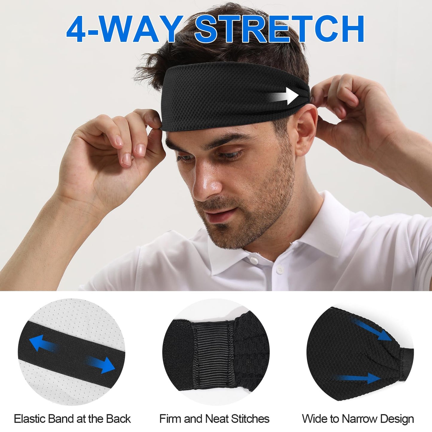 Qearl 4 Packs Cooling Sports Headbands for Men Elastic Workout Sweatbands Moisture Wicking Non-Slip Wide Headbands for Running Cycling