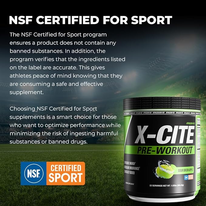 X-CITE Pre-Workout by ATHLEAN-X - Enhanced Formula with Beta-Alanine, Creatine & Caffeine for Ultimate Energy, Endurance, Focus & Muscle Pump, NSF Certified for Sports (22 Servings, Sour Green Apple)