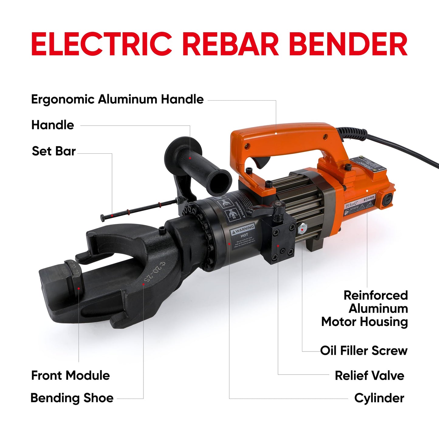 Electric Hydraulic Rebar Bender, 1500W 120V Portable Rebar Bender, Bending up to 1″ (#8, 25mm) Rebar, Lightweight 30 lb Aluminum Body, NRB-25 (NRB-25 Orange)
