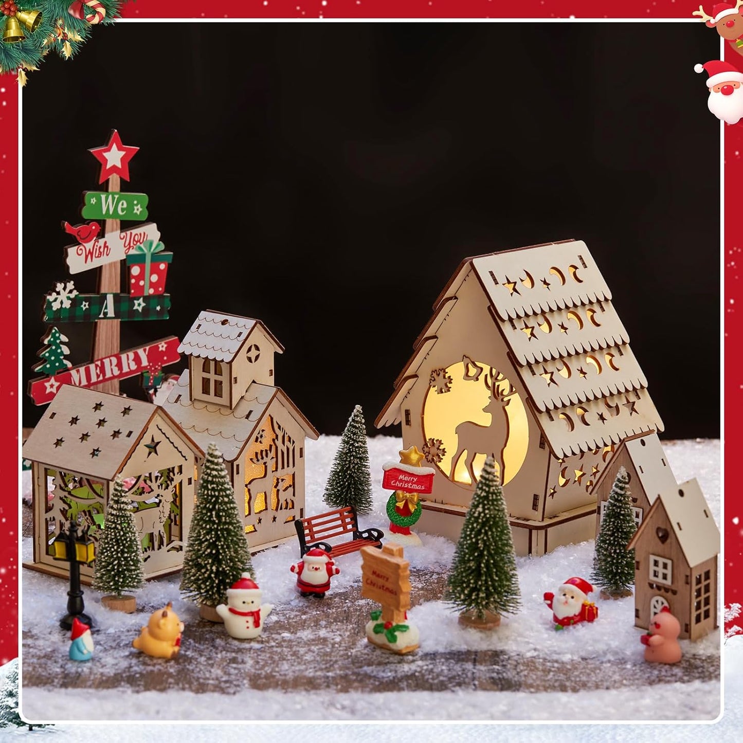Skiennix 29-Piece Christmas Village Set - Lighted Wooden Houses & Miniature Trees for DIY Crafts