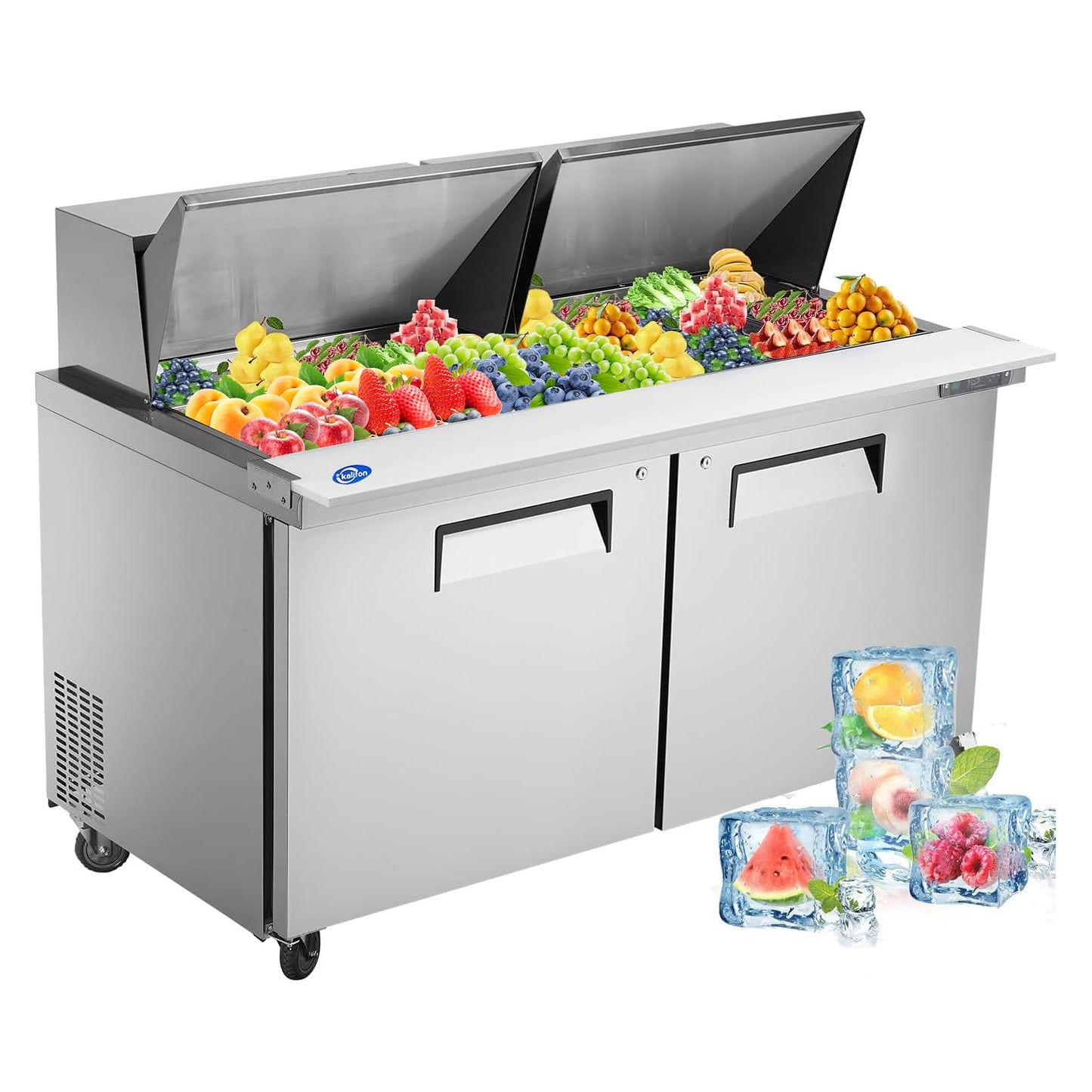 kalifon 60" W 2 Door Refrigerator Sandwich Salad Prep Table Commercial Stainless Steel Fan Cooling Refrigerator with Cutting Board, 2 Shelves & 24 Pans for Restaurant, Bar, Shop-16.4 Cu.ft