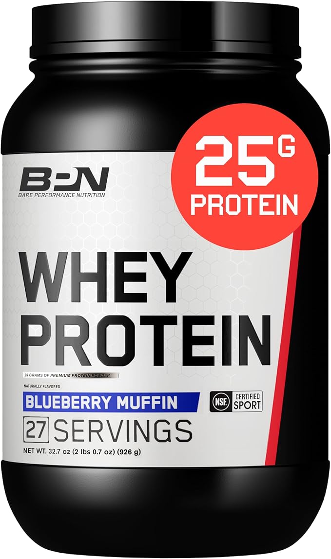 BARE PERFORMANCE NUTRITION, BPN Whey Protein + Casein Protein Powder Blend, Blueberry Muffin, 25g Protein per Serving Supports Lean Muscle Recovery, 27 Servings, Third Party Tested