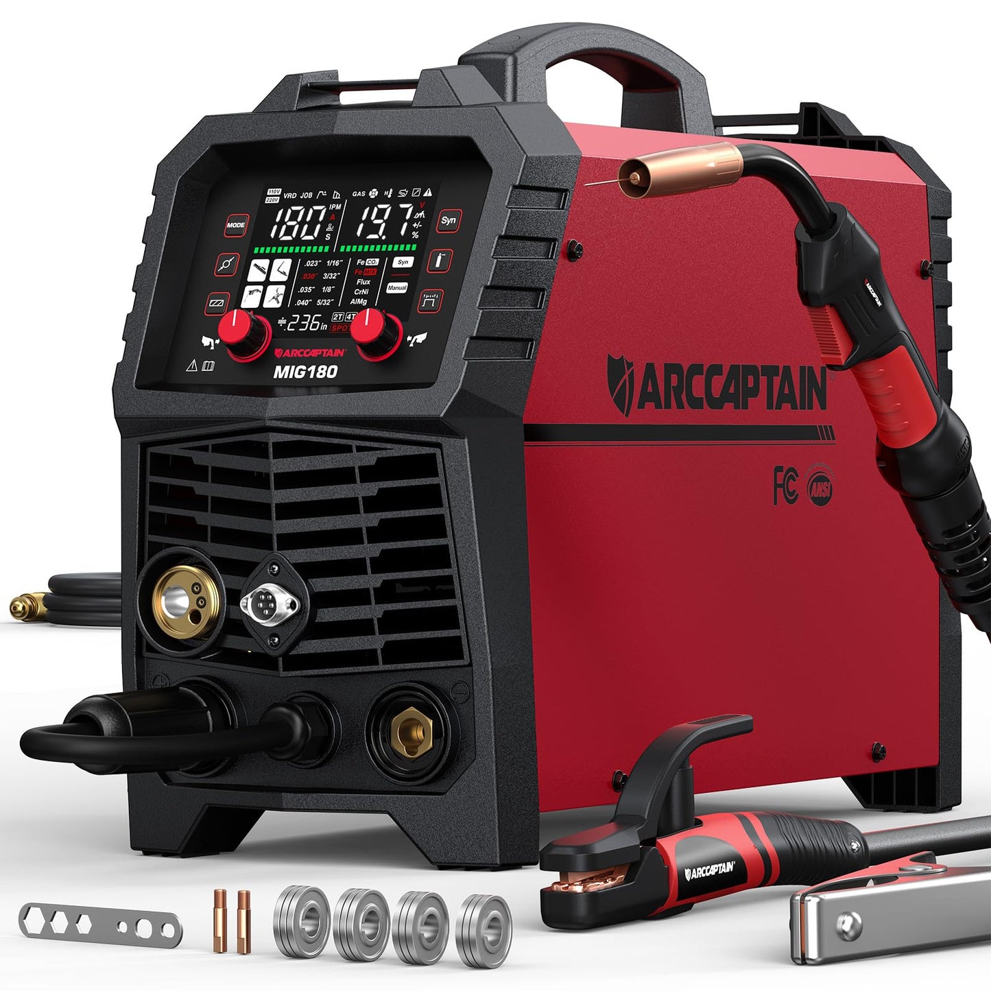 ARCCAPTAIN 180A MIG Welder 110V 220V, Large Dual Color LED Display 6-in-1 Gas MIG/Flux Core MIG/Stick/Lift TIG/Spot Welding/Spool Gun Aluminum Welding Machine with Synergy Control, 2T/4T