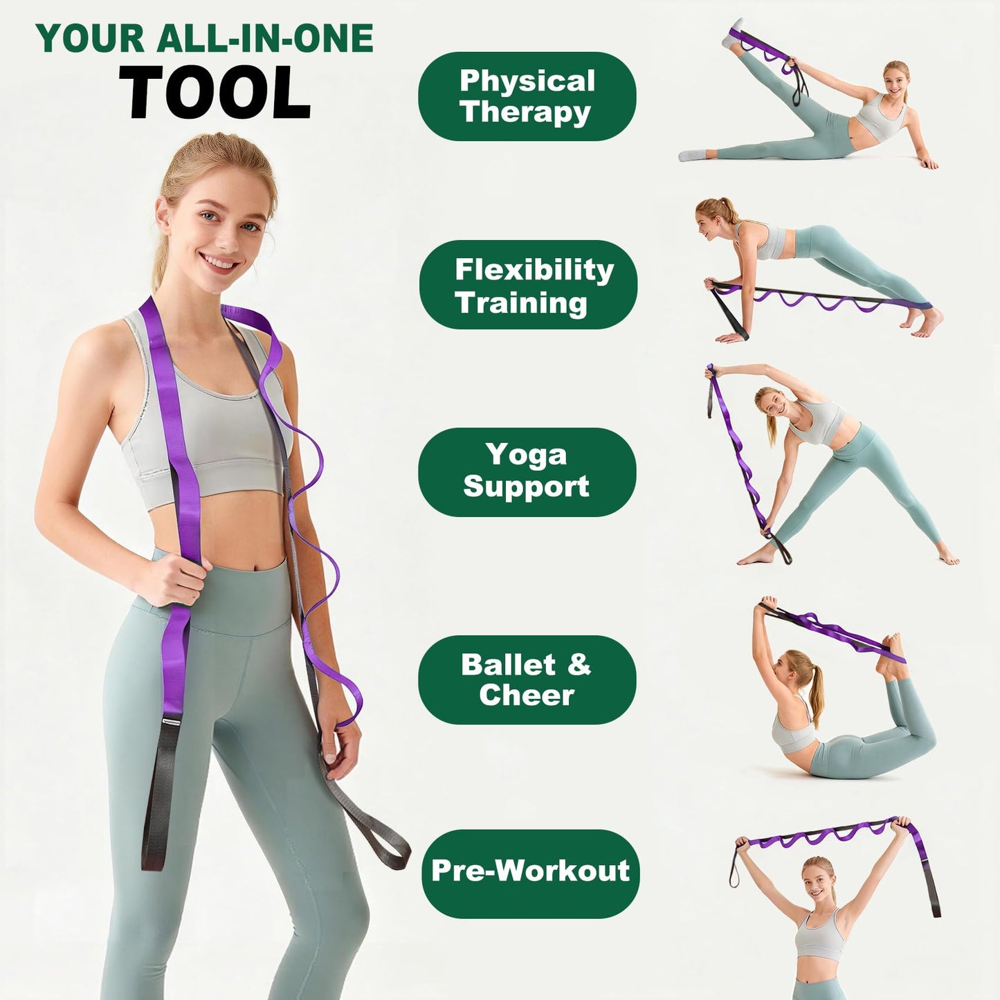 Acozycoo Stretching Strap with 10 Loops – Non-Elastic Yoga Strap for Physical Therapy, Knee Replacement Recovery & Plantar Fasciitis – Leg Stretcher Band for Flexibility & Hamstring Rehab（Purple)