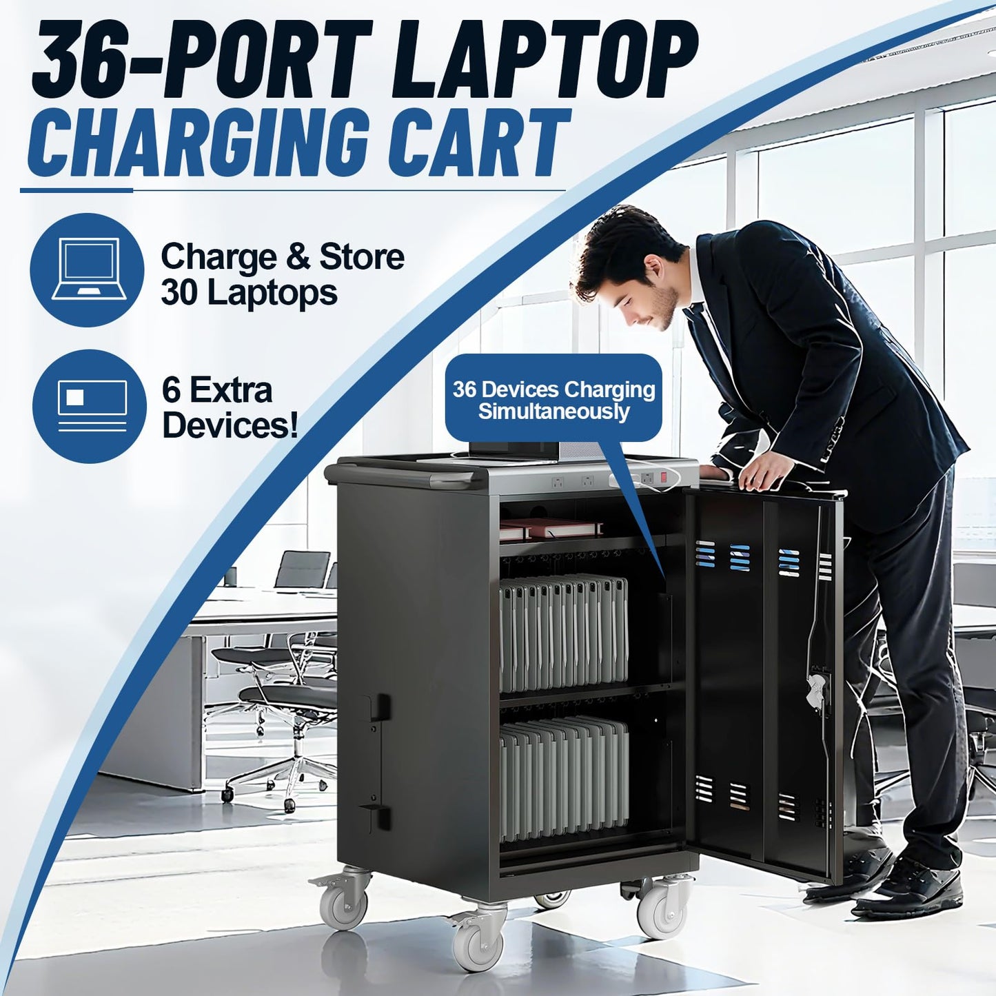 36-Port Laptop Charging Cart, Mobile Charging Station with 30 Storage Slots, Lockable Secure Cart for Classroom School Office, Compatible with Chromebook iPad Laptop MacBook