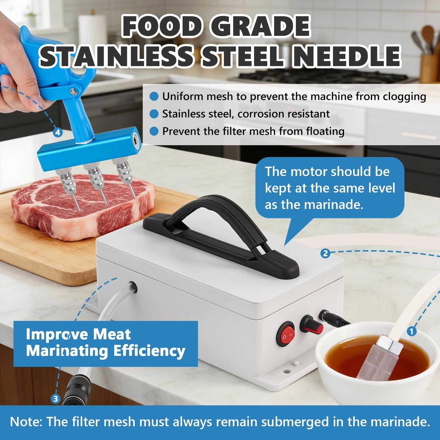 MXBAOHENG Electric Meat Injector Gun Pump with Hose, 60W Adjustable Pressure Marinade Injector Syringe with 20 Needles for Home Smoking, Family Parties & Outdoor Cooking Turkey, Pork, Beef