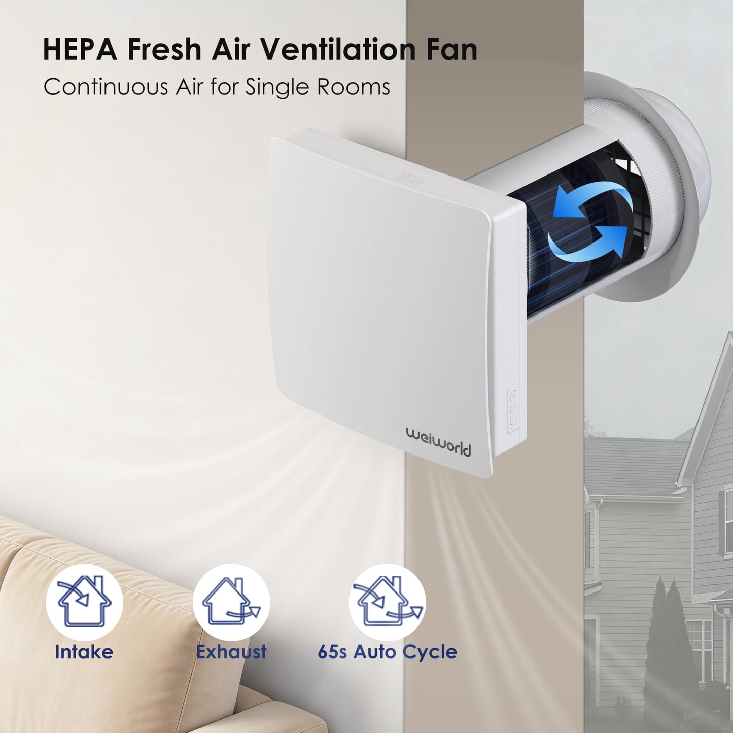 Weiworld Through Wall HEPA Ventilation Fan with WiFi & Remote Control, Ultra Quiet EC Motor Wall Vent, Fresh Air Intake & Air Exchange System for Bedroom, Home Office, Attic