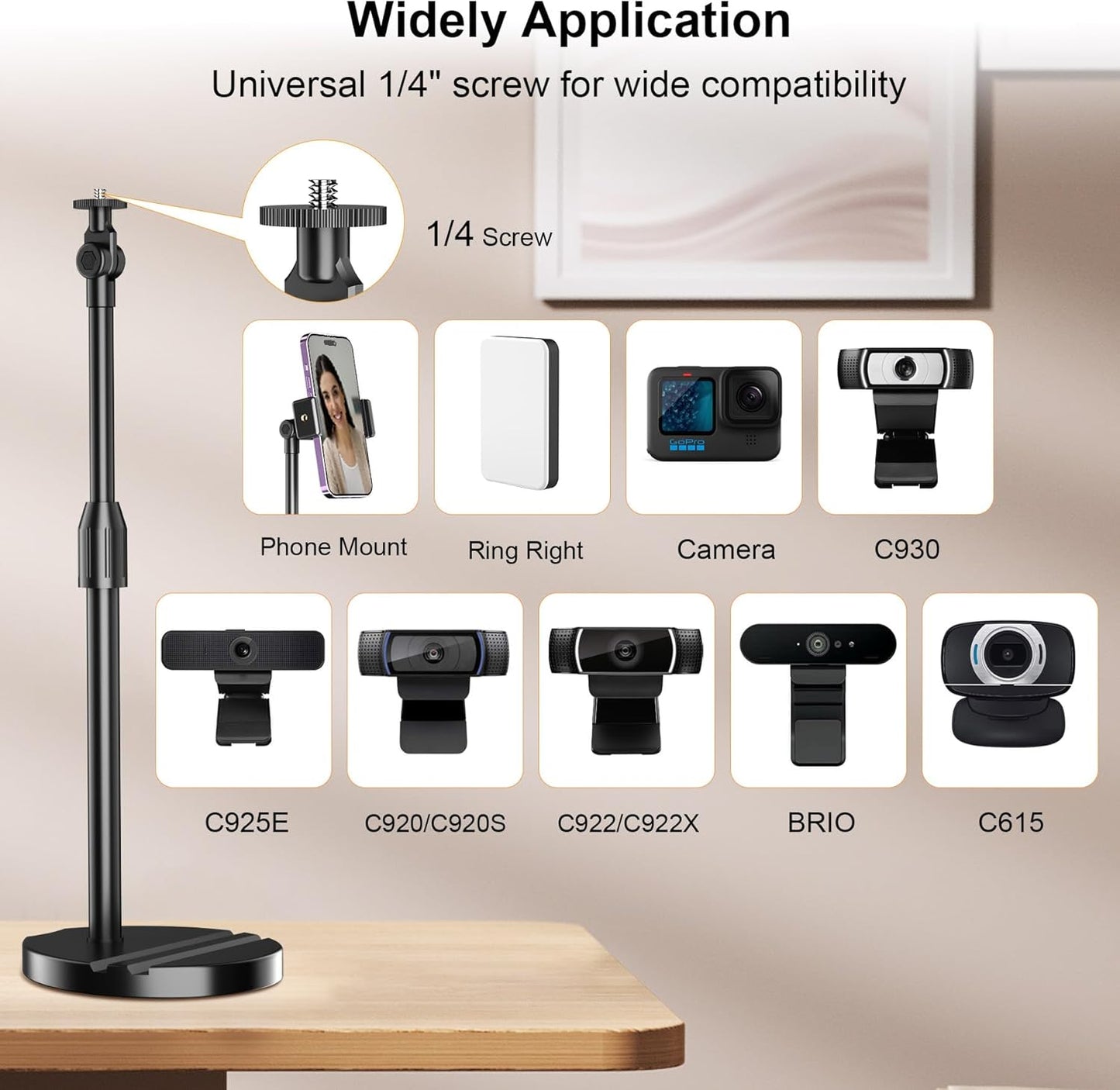 LenTok C922 C930e C920S C920 C615 C960 C920x 4K, 1/4'' Telescopic Webcam Tripod Stand for Desk with Phone Holder