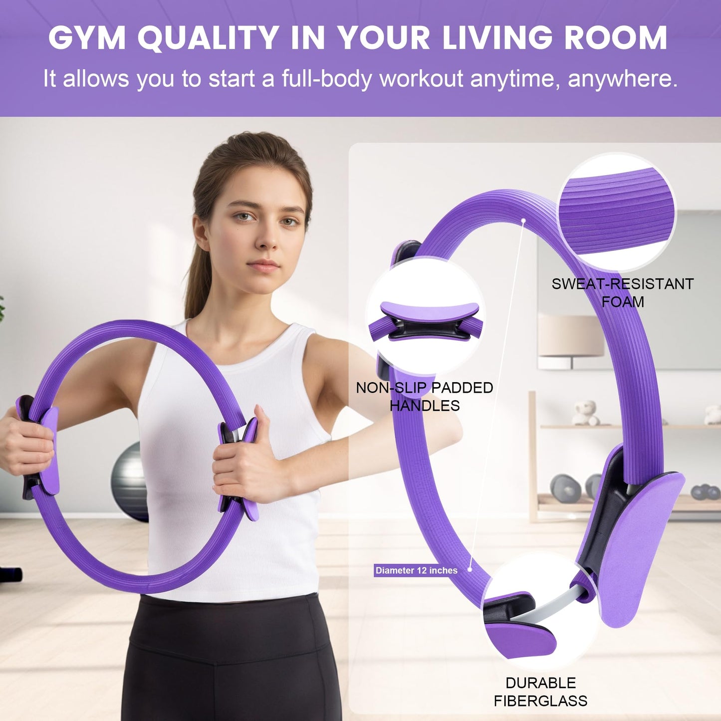 14" Pilates Ring Circle Fitness Set of 17 Equipment Accessories Workouts Includes Pilates Ball Magic Circle Yoga Ring Knee Pads and Resistance Bands for Women Set Gift for Women Weight Loss (Purple)