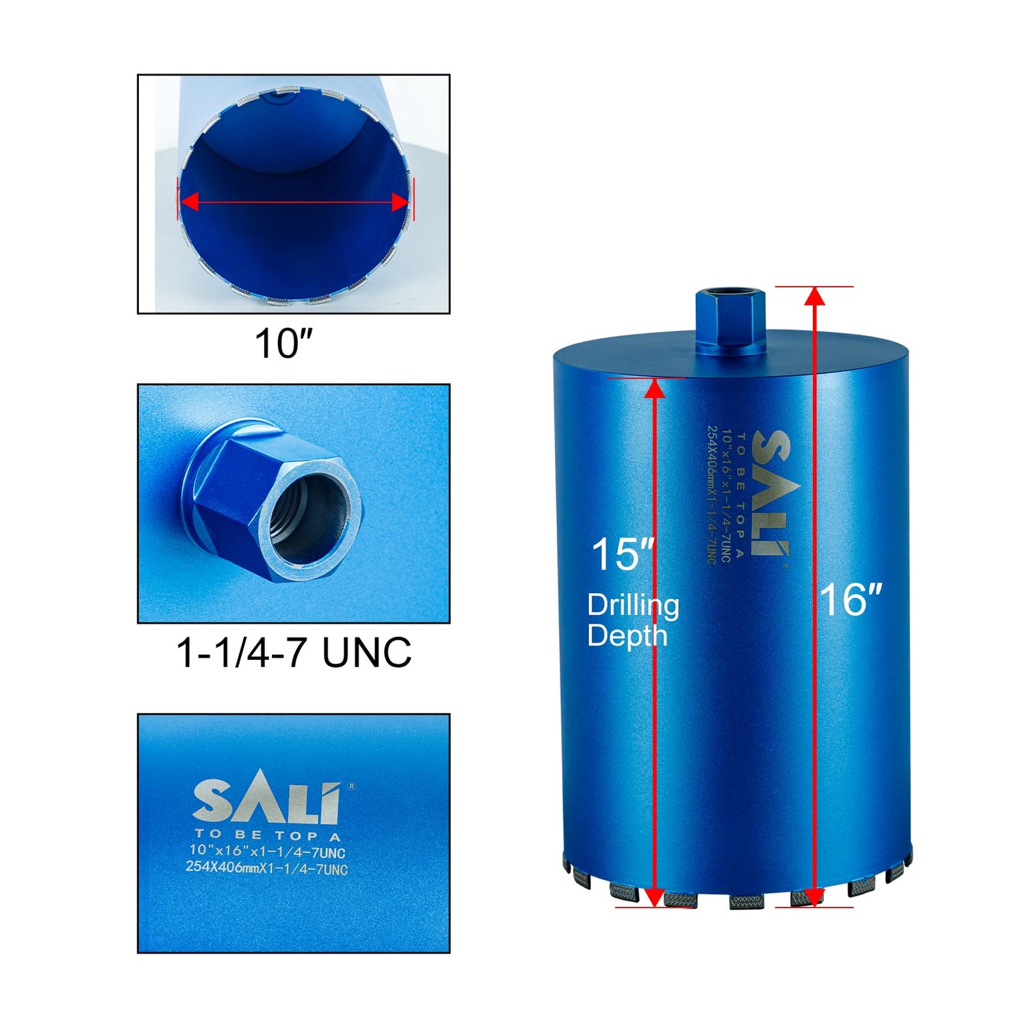 SALI Wet Diamond Core Drill Bits 10"/256mm Diameter, 15"/380mm Drilling Depth Concrete Core Drill Bit, 1-1/4-7" Thread Core Bit Turbo Laser-Welded Segments with Rebar, Brick, Block, Masonry, Stone