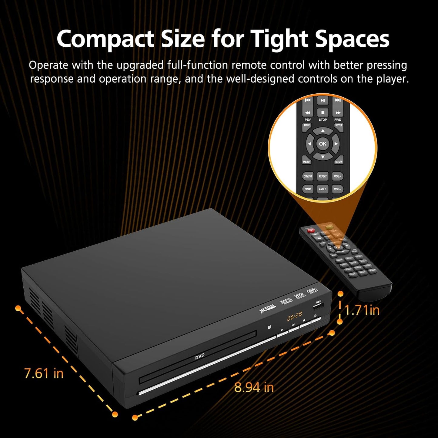 Wxjwyt 1080p Region Free DVD Player with HDMI Upscaling, Compact Multi-Format CD/DVD/USB Player for Smart TV, Plays All