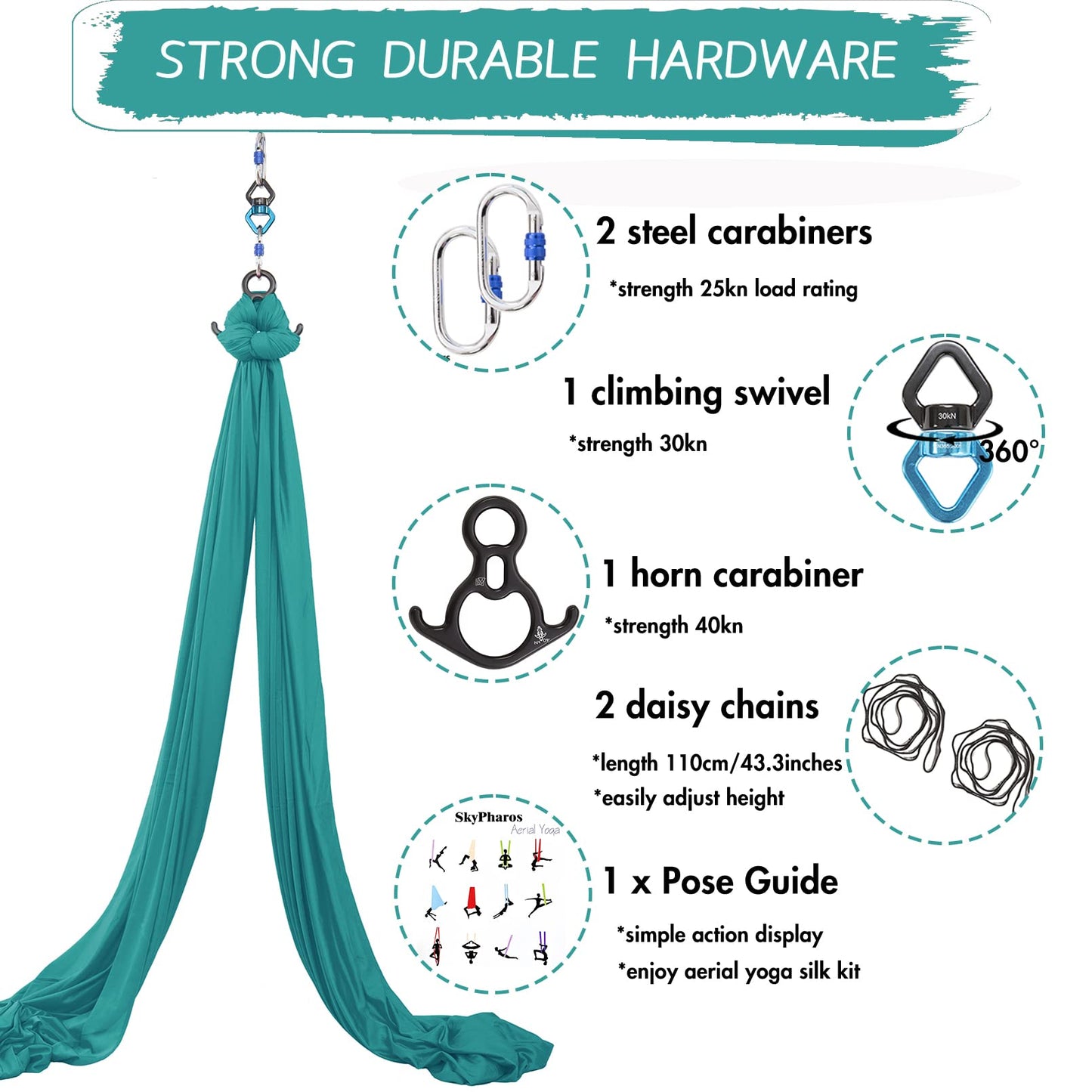 SKYPHAROS 11 Yards Aerial Silks Yoga Swing Set - Aerial Yoga Hammock Kit Anti-Gravity Flying for Fitness, Low/Non Stretch Nylon Tricot Fabric Hardware Included for Dance