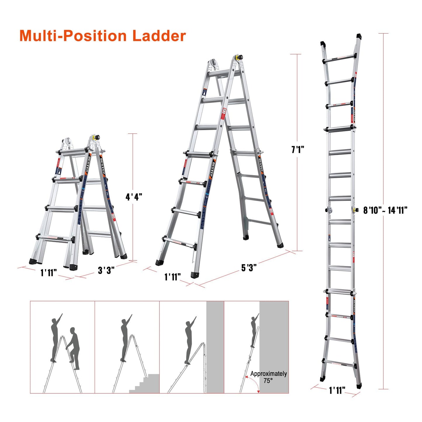 BESTEP 15FT Adjustable Folding Multi-Position Ladder,A Frame 4-Step Anti-Slip Ladder with Aluminum Joint,Silver,ANSI Type 1A, 300 lbs Load Capacity,Welding Construction (YQGNT-4540)