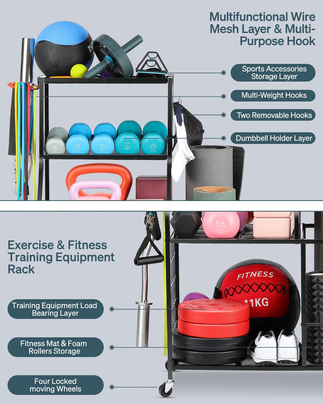 Weight Rack For Dumbbells Storage - Home Gym Storage Yoga Mat Storage Rack Workout Equipment Storage Rack for Kettlebells, Multifunction Exercise Equipment Gym Rack Organizer with Wheels and Hooks