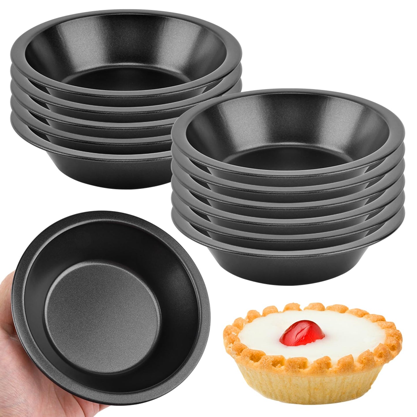 Loyanger 12 Pcs Mini Pie Pans,5 Inch NonStick Individual Dish Pie Plate Reusable Round Tins Small Bakeware for Baking Pot Pies, Cakes, Quiches, Tarts, Desserts(COLOR:Black)