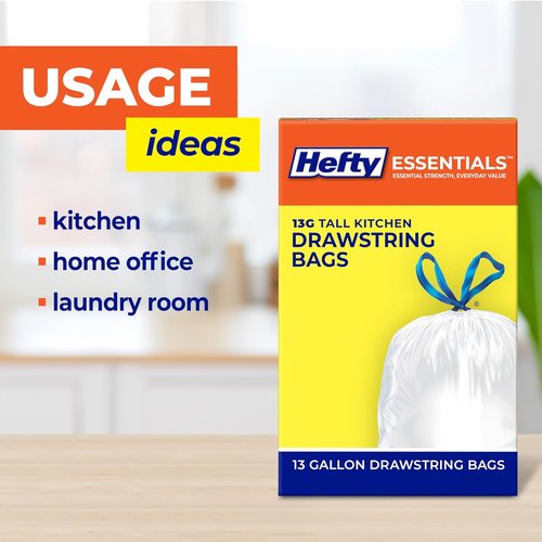 Hefty Essentials 13 Gallon Kitchen Trash Bags - 120 Count, Tall & Unscented, Easy to Tie & Carry, White