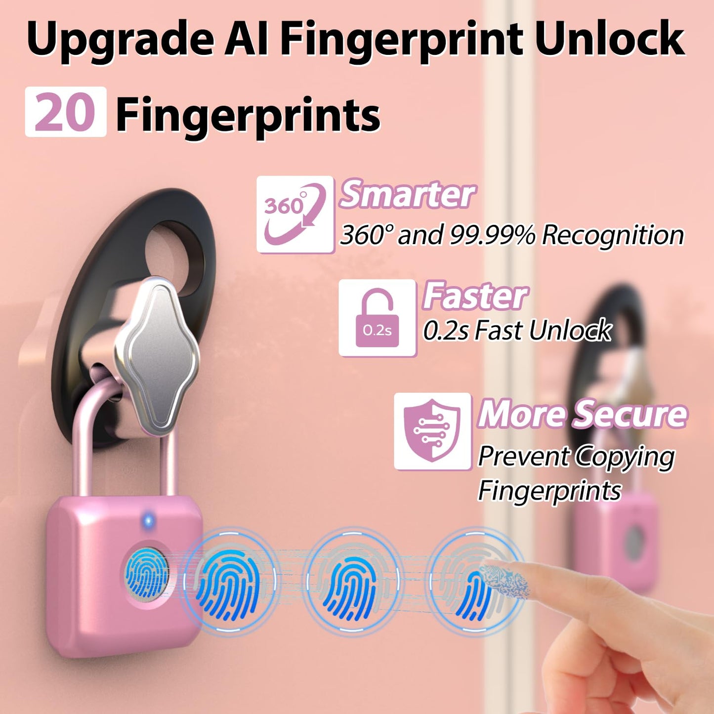 Fingerprint Padlock,Smart Padlock APP Control,Fingerprint Locker Lock,Gym Lock USB Rechargeable for Gym Locker,Locker, School,Storage Pink