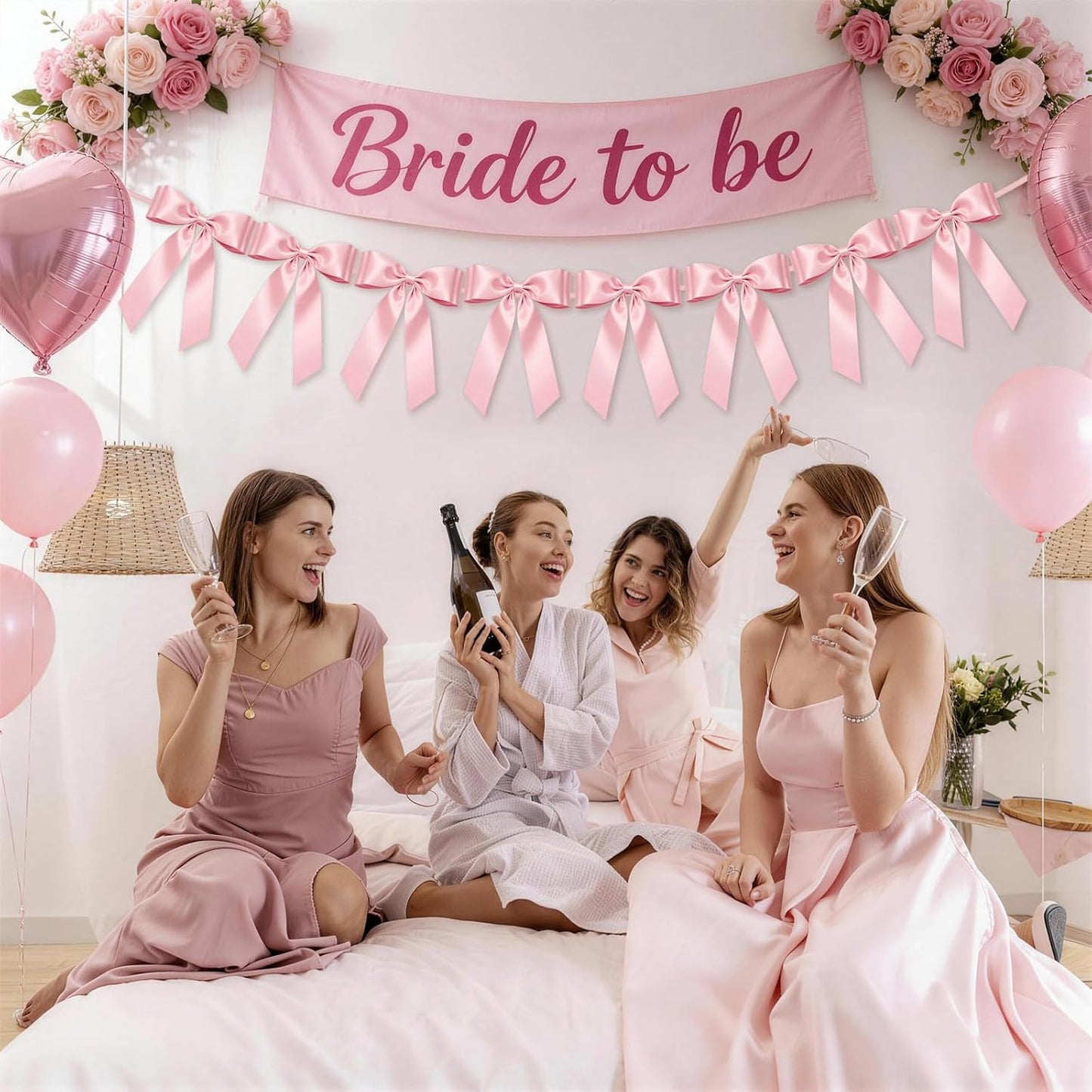 Skiennix Pink Bow Garland Banner - 8 Pre-Strung Double-Layer Satin Ribbon Bows | Valentine's Day Decor & Party Accent
