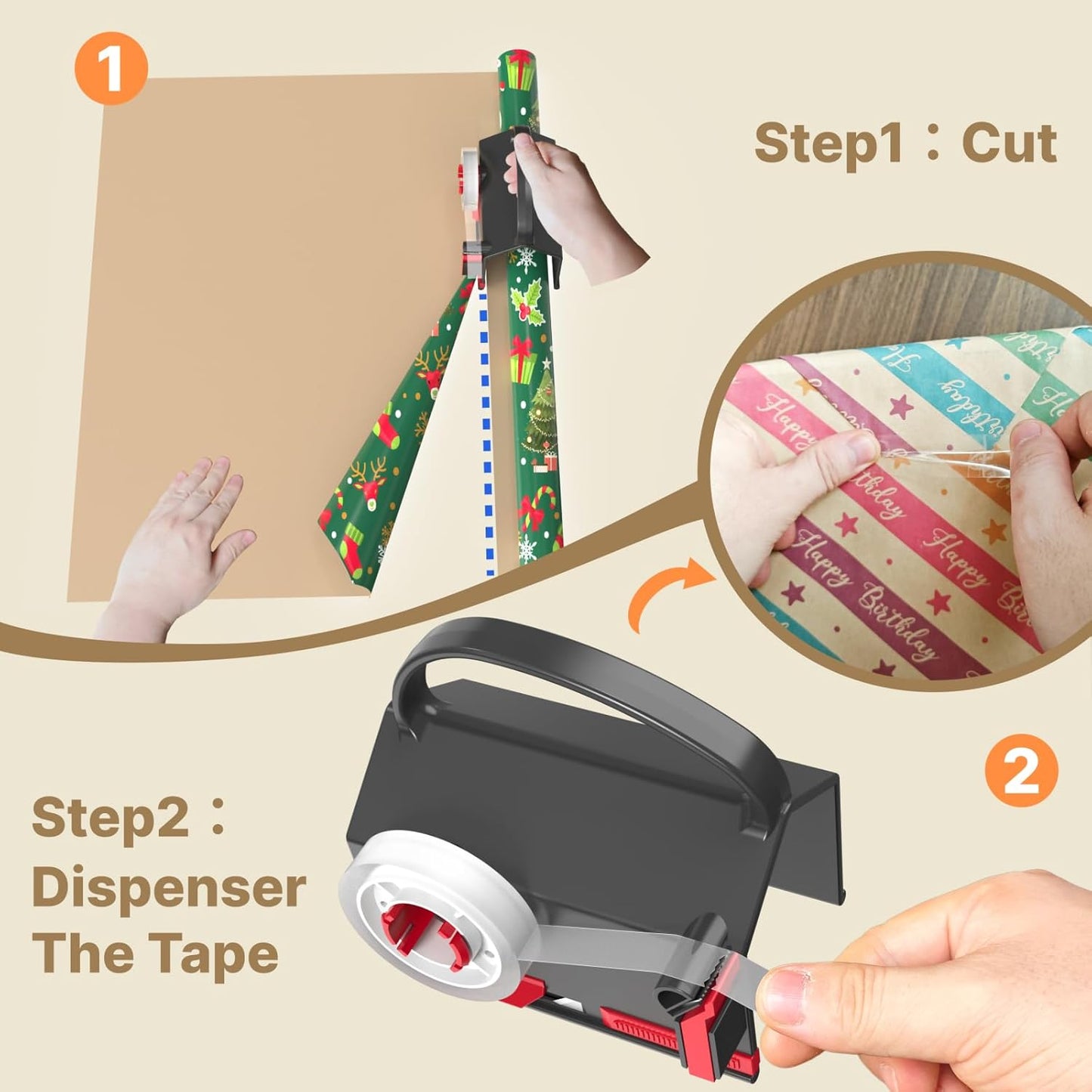 Wraprocut Wrapping Paper Cutter & Tape Dispenser - 2-Pack with 4 Tapes for Easy Holiday Gift Wrapping