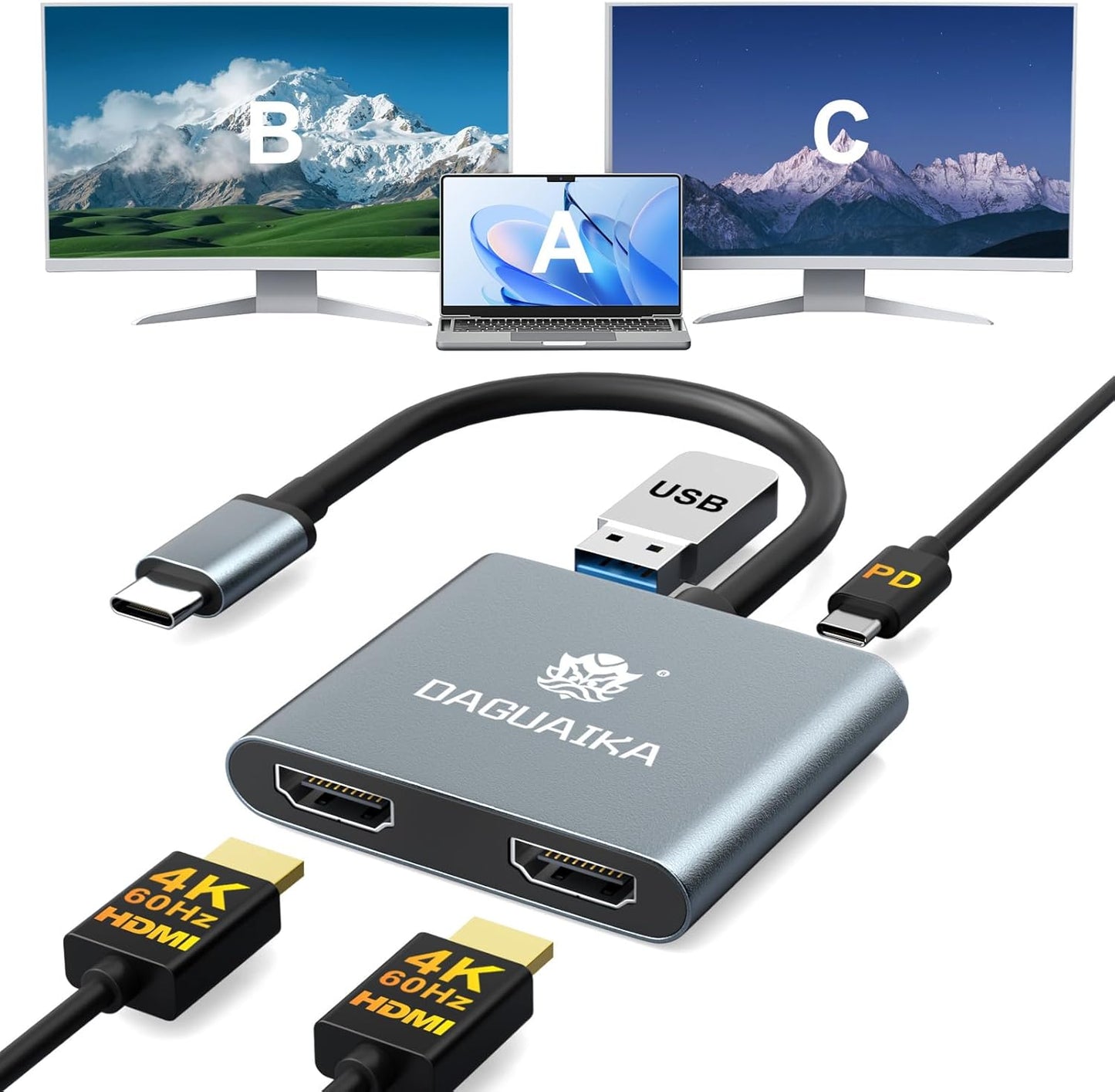 Daguaika 4K@60Hz, 4-in-1 100W USB C to Dual HDMI Adapter HDMI Splitter for Dual Monitors, PD Charging, USB A Port