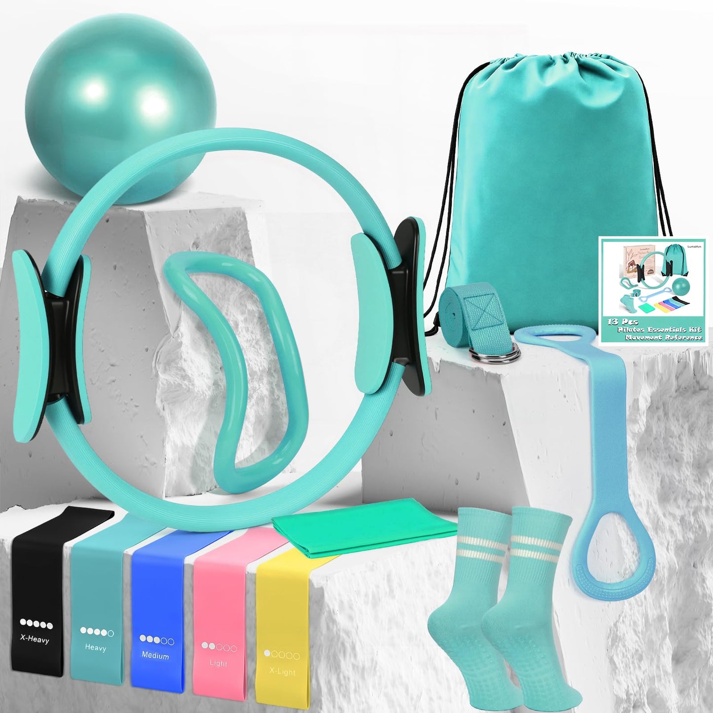 Pilates Kit for Women 13PCS, Pilates Ring and Ball Set with Magic Circle, Resistance Bands Set, Figure 8 Band, Yoga Ring & Grip Socks, Home Workout Equipment Essentials Starter Kit for Beginners