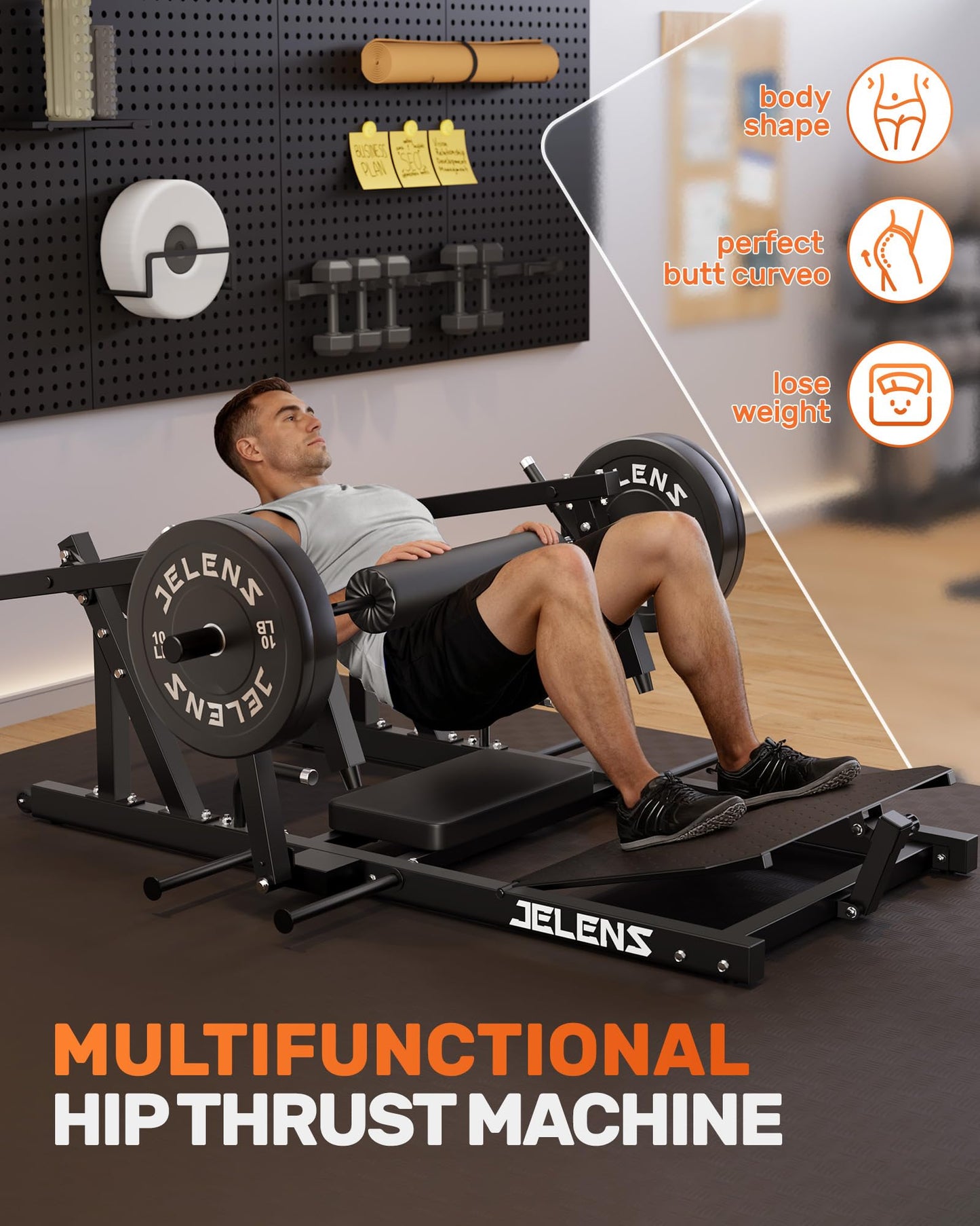 JELENS Hip Thrust Machine, 800LB Glute Bridge Machine with Weight Holder, Heavy Duty Plate-Loaded Butt Workout Equipment, Glute Trainer for Home Gym (Black, 70lbs Black Weight Package)