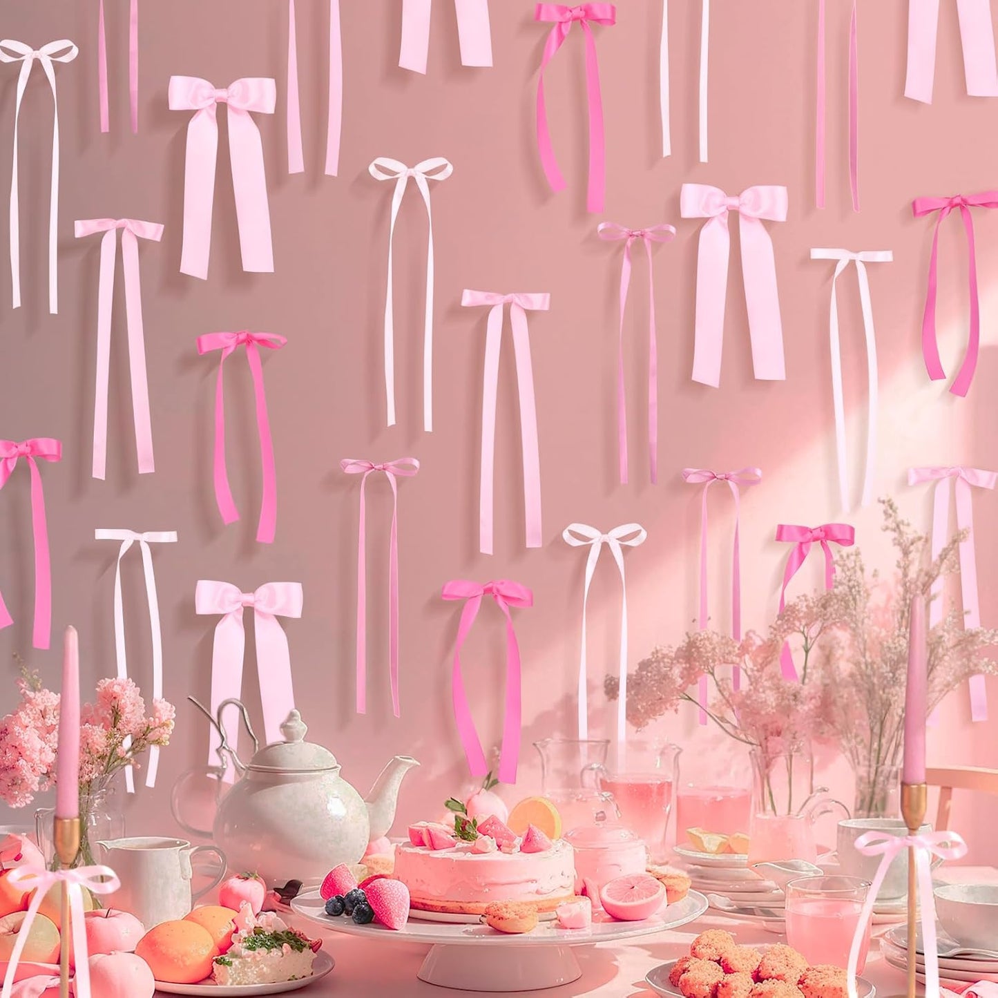 Skiennix 40Pcs Pink Bow Wall Decor - DIY Photo Backdrop & Garland for Birthday, Baby Shower, Bachelorette Party
