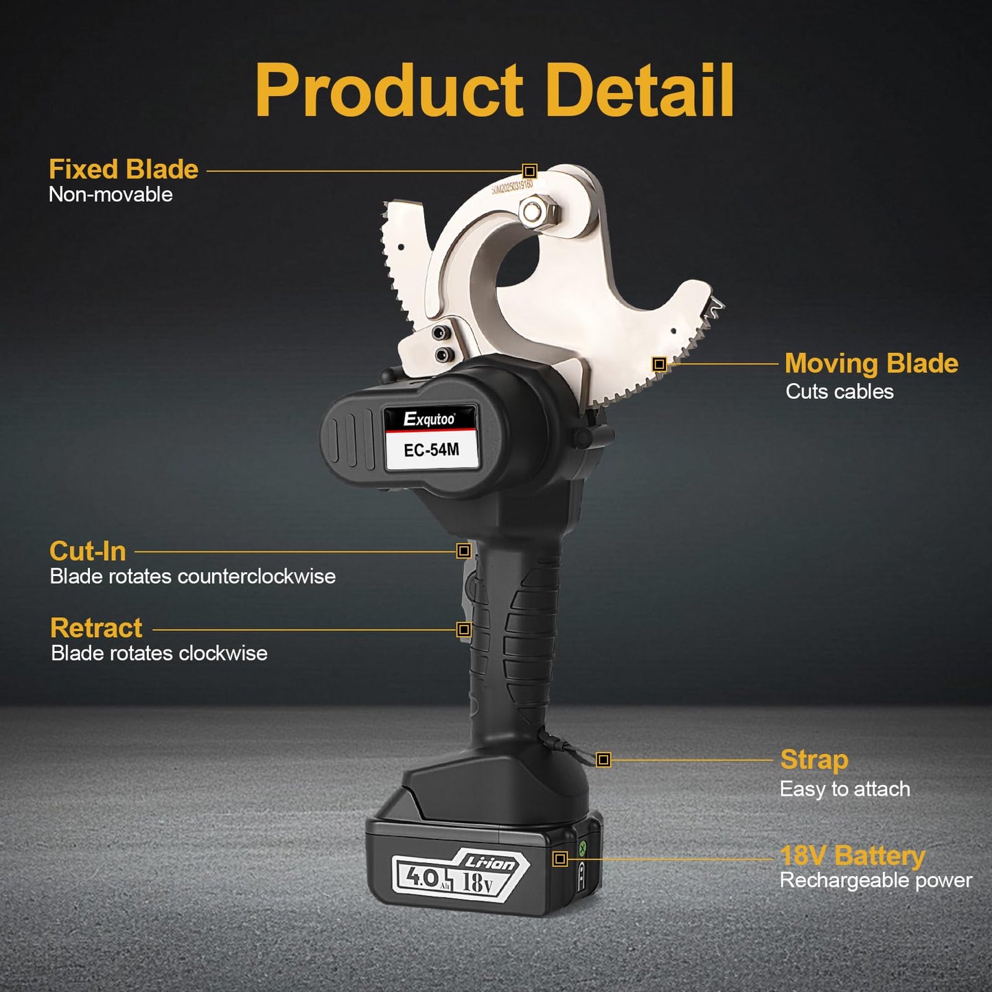 Exqutoo Cable Cutting Tool Kit, 18VDC 54mm Cordless ACSR Cable Cutter, Ratcheting Cable Cutter, 2 4Ah Lithium-Ion Batteries & Battery Charger Included
