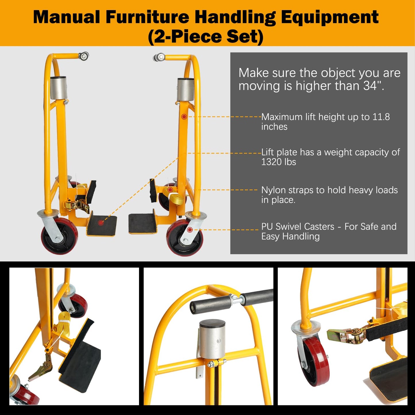 HILLHOUSE Manual Furniture Handling Equipment (2-Piece Set), Heavy Duty Cart, Aluminum, 1320 lb. Load Capacity, Gun Safe Dolly Heavy Duty, Easy Handling, Mechanical Carrier