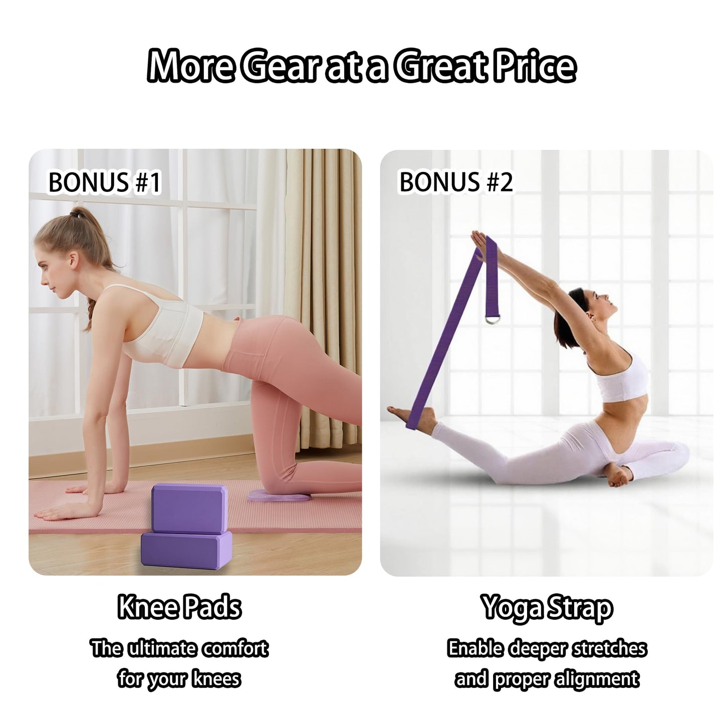 SAMTKA 2 Yoga Blocks Supportive Accessories including 2 Knee Pads, 2 With Strap To Put Less Weight On Wrists, 1 Muscle Massage Roller, 2 Pair of Non-Slip Pilates Socks, 1 GYM Bag, Durable Versatile Yoga Brick Exercise Set of 10