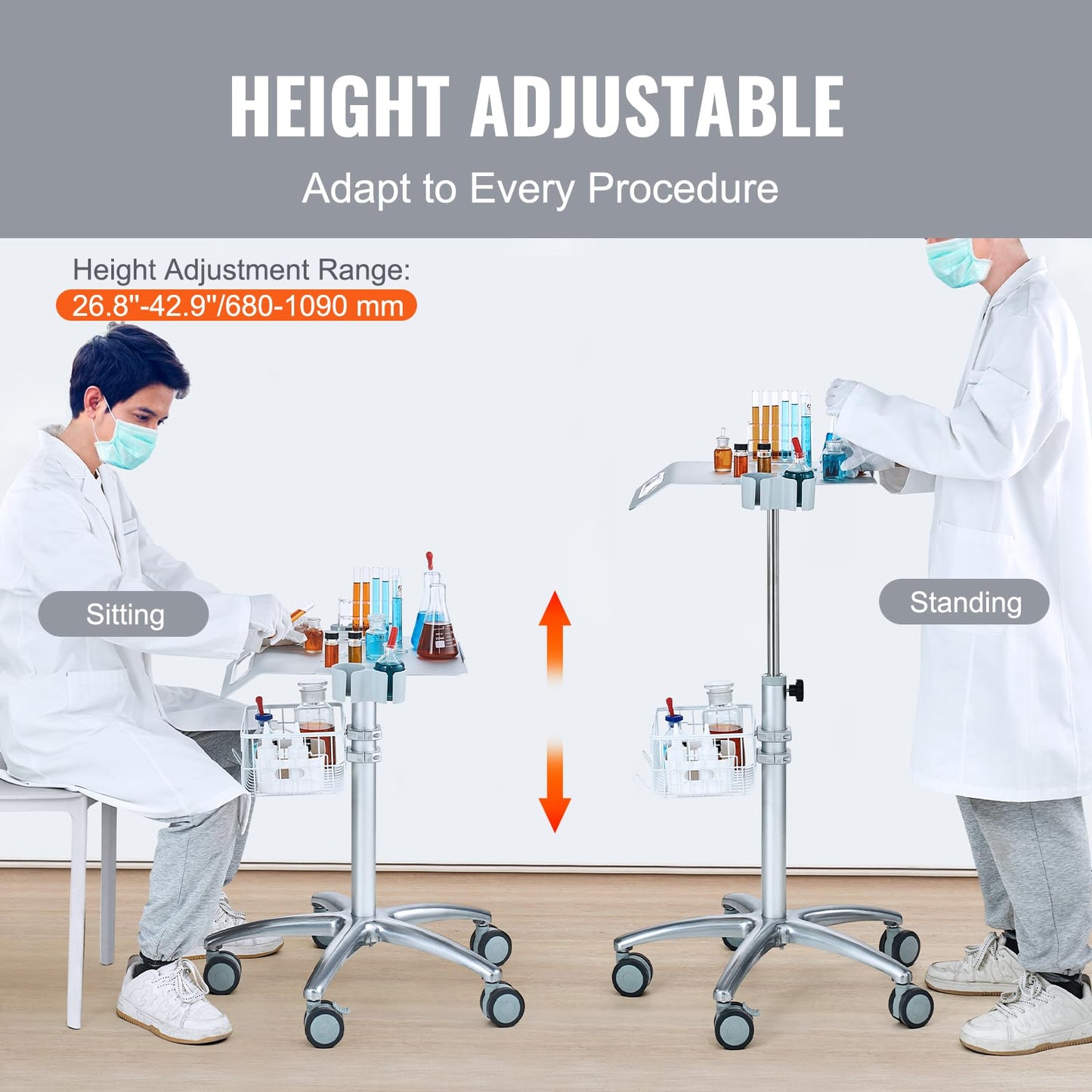 VEVOR Medical Trolley with Wheels - Height Adjustable Gas Lift, Large Tabletop 19"×17", Stainless Steel Rolling Laptop Cart with Storage Basket,Mobile Metal Scanner Cart for Ultrasound/Dental/EKG/Lab