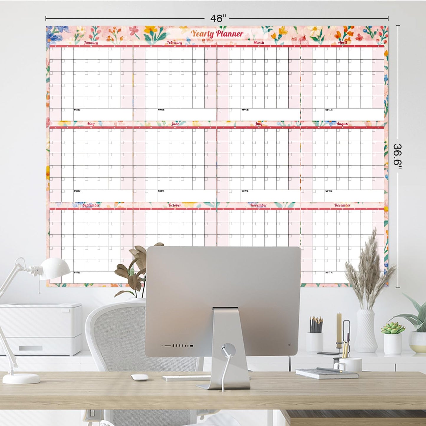 Ospelelf Undated Large Wall Calendar Dry Erase Laminated 2026 Calendar 36.6'' x 48'' Yearly 12 Month Family Office Calendar