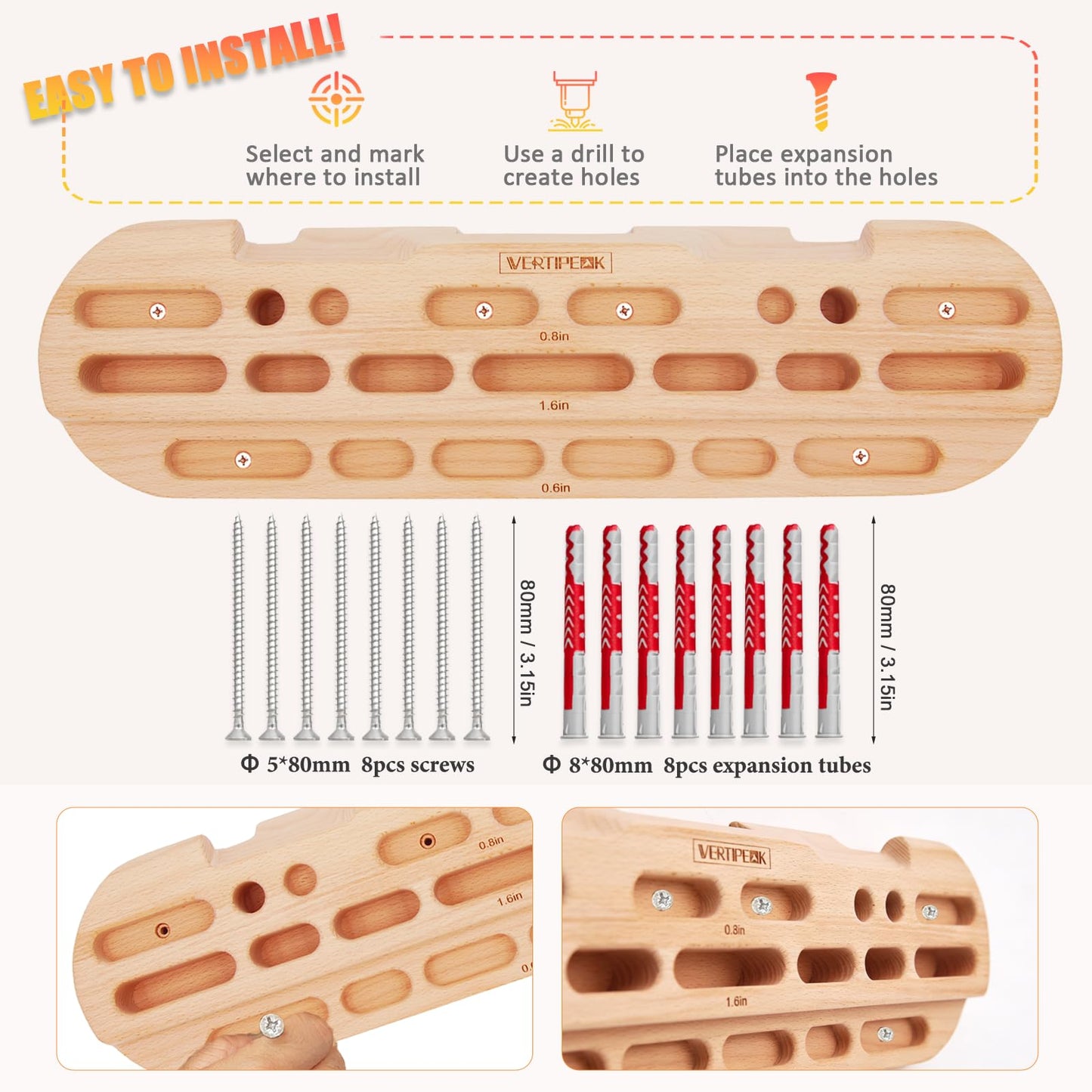 VERTIPEAK Wooden Hangboard Rock Climbing, Climbing Fingerboard with Mounting Kit for Hanging Practice, Finger Strength and Pull Up, and Bouldering Gift for Climbers (Basic)