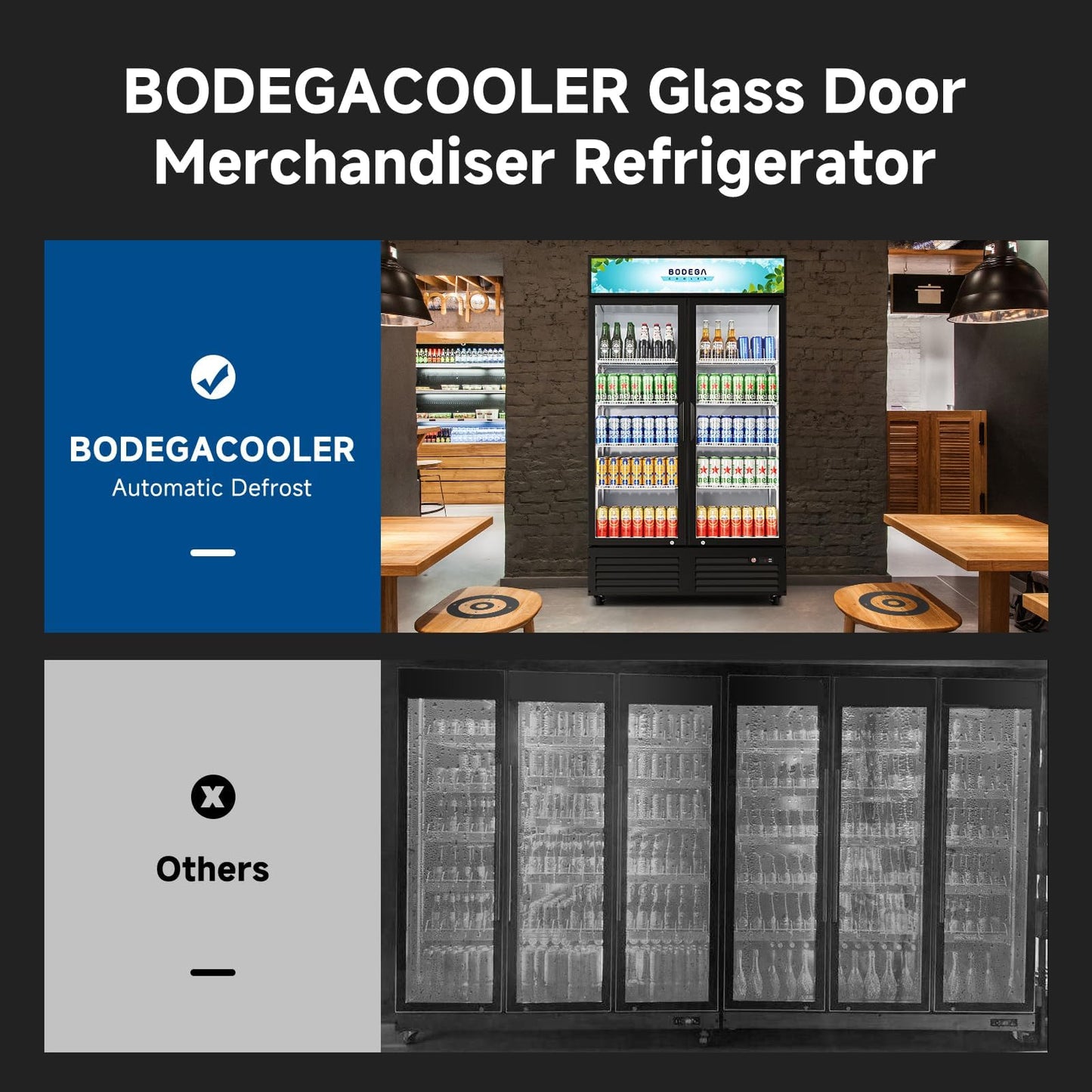 BODEGA BODEGACOOLER 35.4 Cu. Ft Commercial Beverage Refrigerator, 2 Glass Door Merchandiser Cooler Display Refrigerator with LED Lighting, Adjustable Shelves, Temperature Control and Casters, Black
