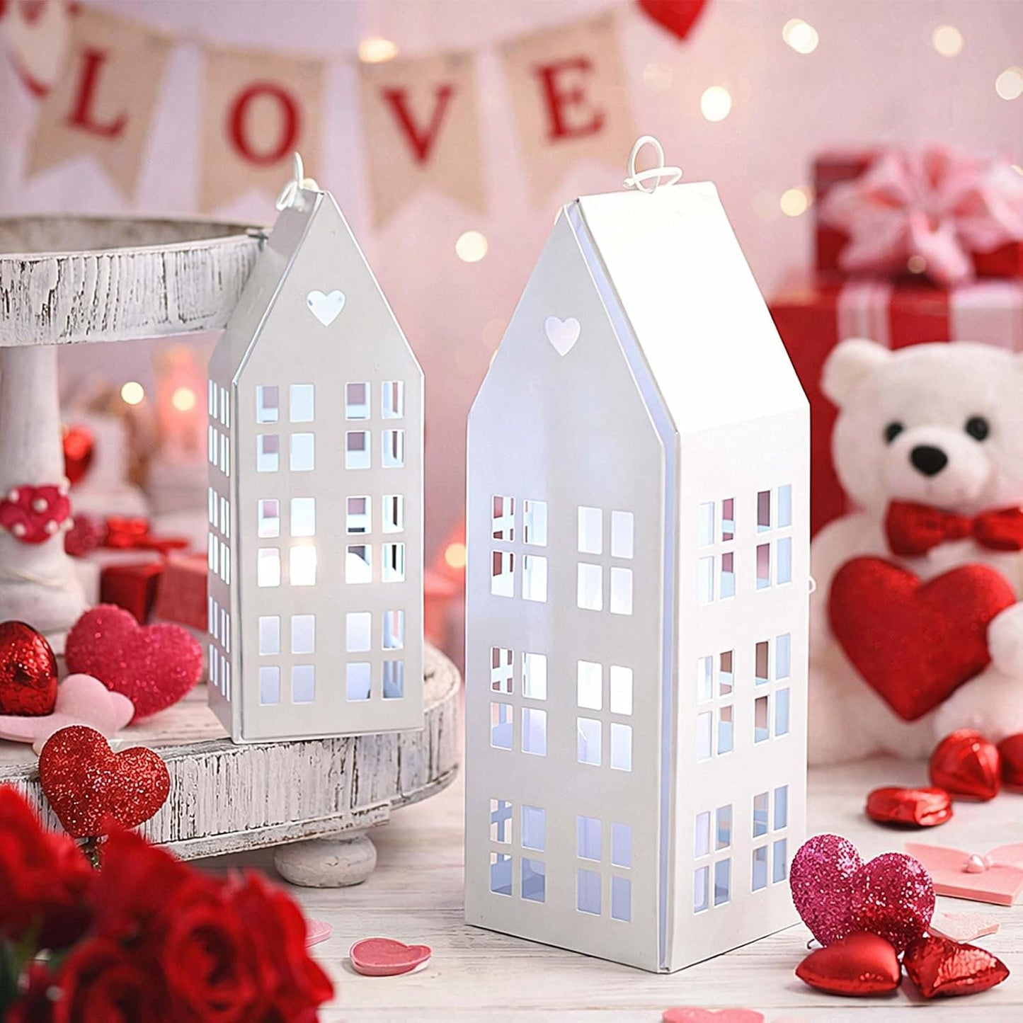 SiliFine White Farmhouse Village Set - 2 Rustic Houses with 2 White Candles | Modern Lantern Decor for Home & Events