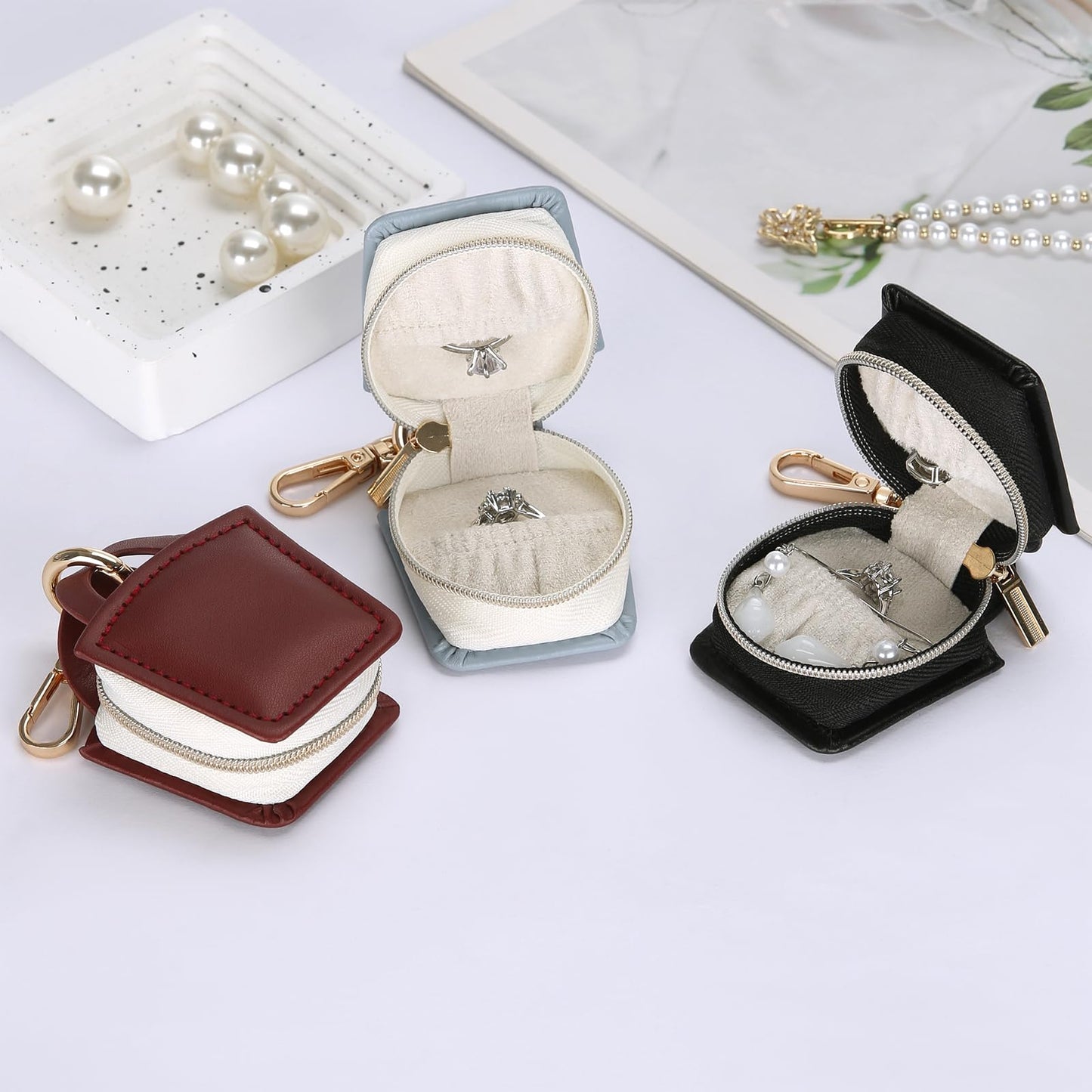 KUKUVR Jewelry Ring Holder Box with Keychain, Small Ring Earring Stud Necklace Storage Case for Gym Travel Sports, Portable Jewelry Storage Boxes (Red)