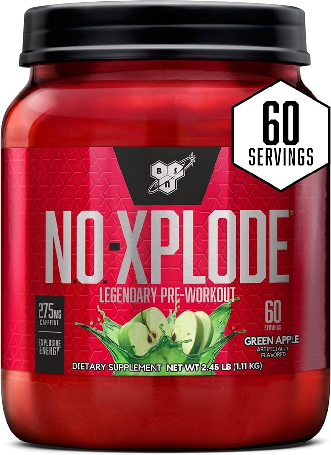 BSN N.O.-XPLODE Pre Workout Powder, Energy Supplement for Men and Women with Creatine and Beta-Alanine, Flavor: Green Apple, 60 Servings