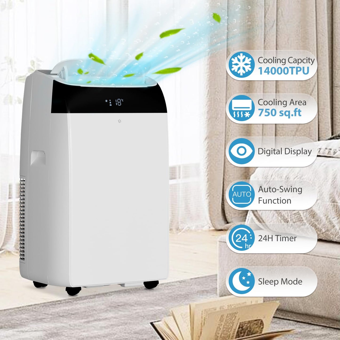 Garvee 14000 BTU Portable Air Conditioner with Follow Me Function, 3-in-1 AC Includes Remote & Full Window Kit, Cools Areas Up to 750 Sq. Ft, 115V