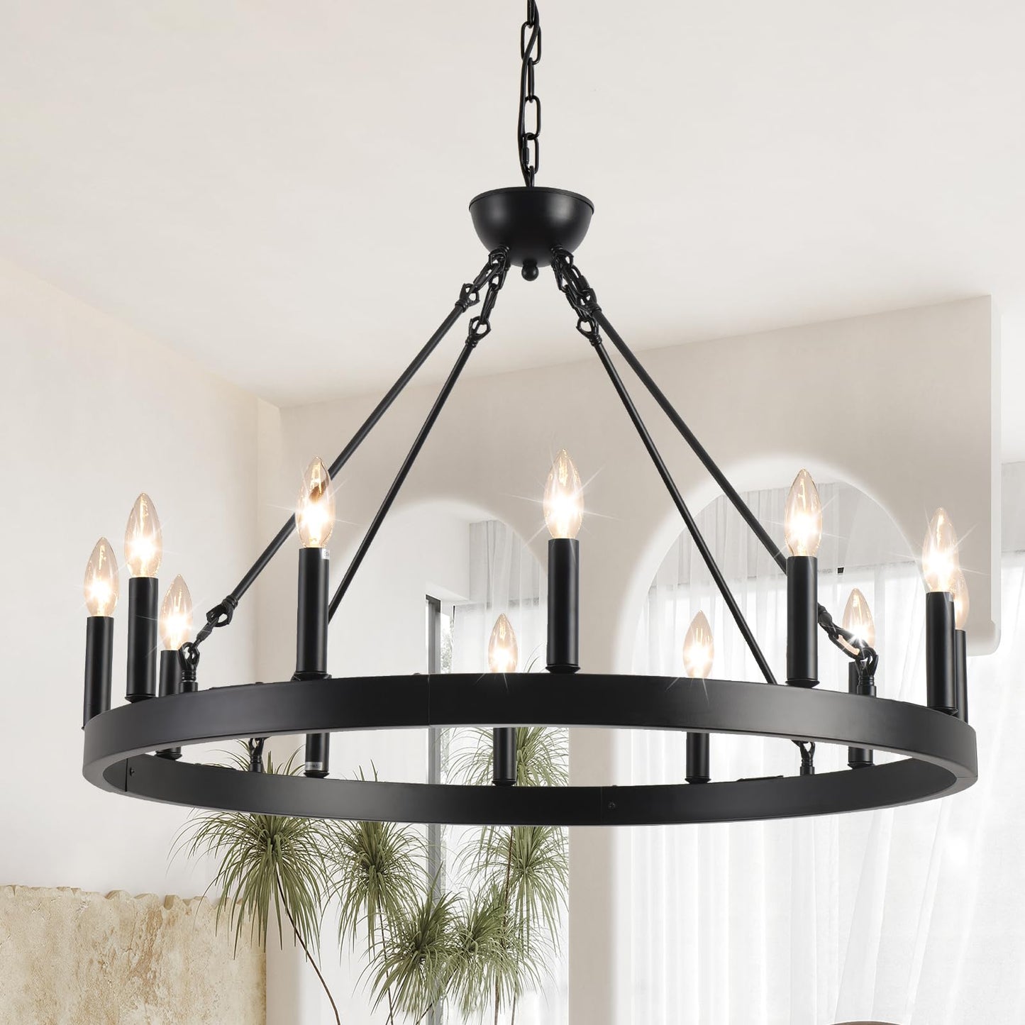 VBKK Wagon Wheel Chandelier 32" 12-Light, Round Black Chandeliers Farmhouse Modern Wagon Wheel Light Fixtures, for High Ceiling Dining Living Room, Foyer, Entryway