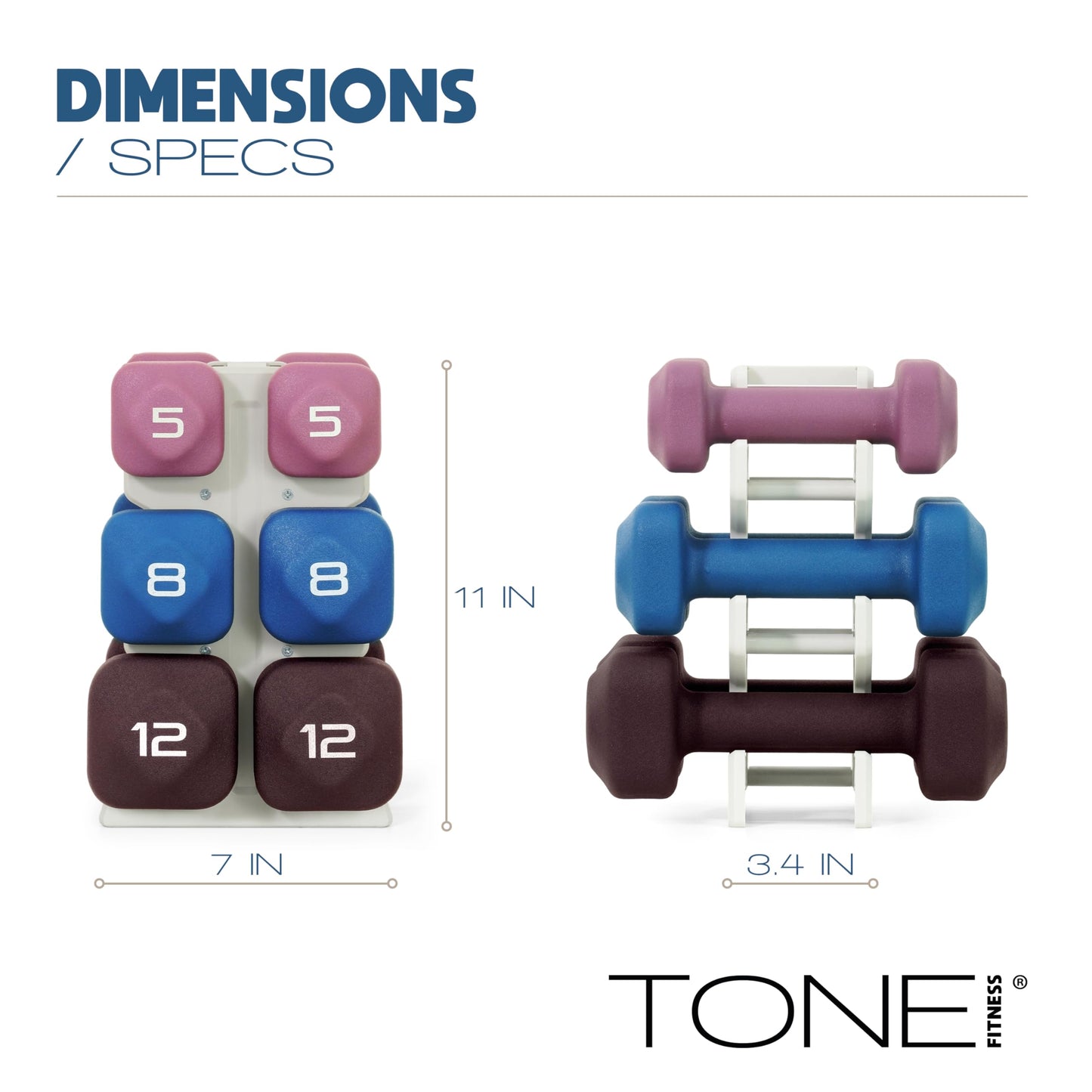 Tone Fitness 50 LB Neoprene Dumbbell Set with Storage Rack – Non-Slip, Anti-Roll Hand Weights for Home Gym Workouts - Mixed Colors | Purple, Blue and Black