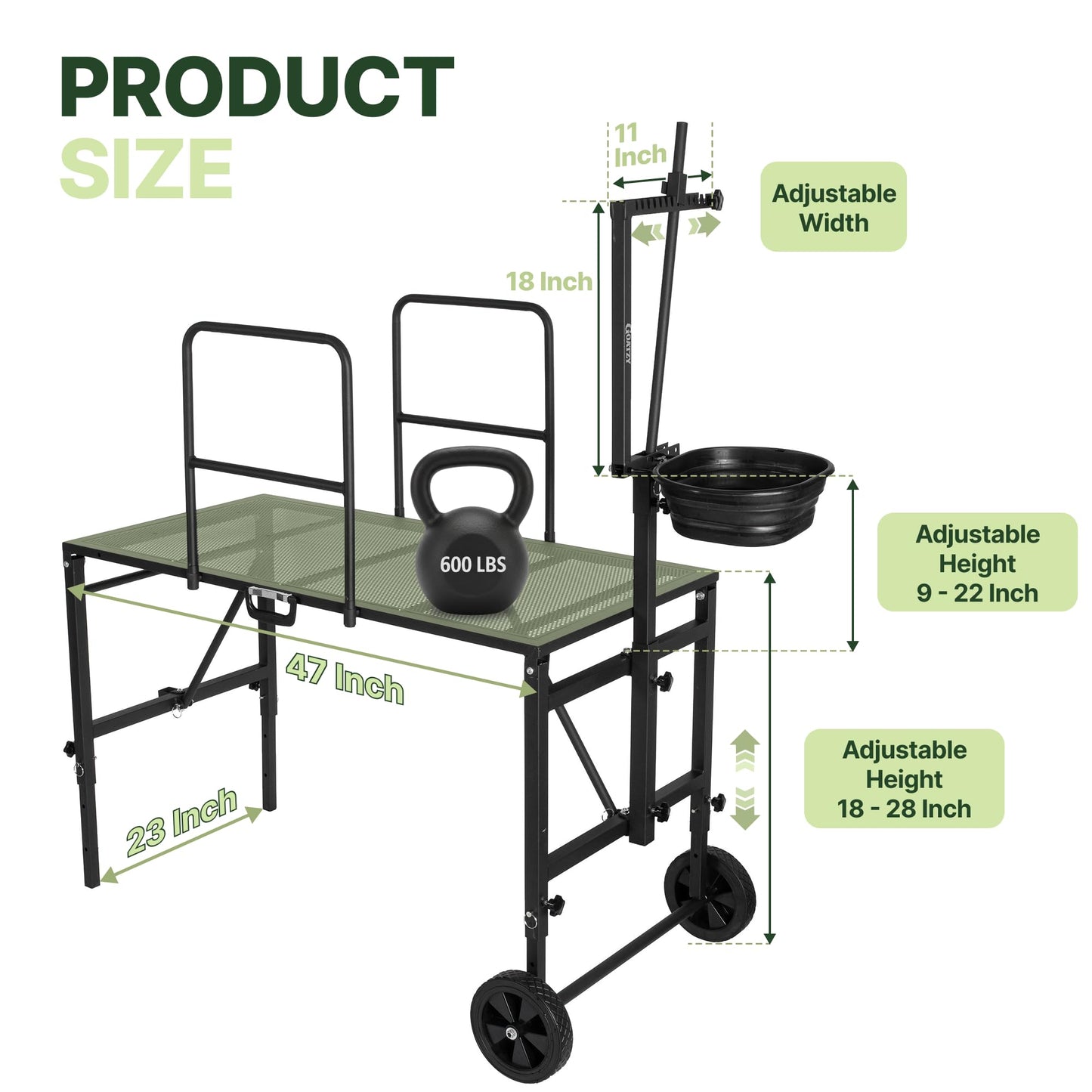 Goatzy Goat Stand with Adjustable Headpiece & Legs, Goat Milking Stand with Feeder, Rails & Wheels, Stanchion for Grooming & Hoof Trimming, Sheep Stand for Shearing Heavy-Duty Steel Platform, Black