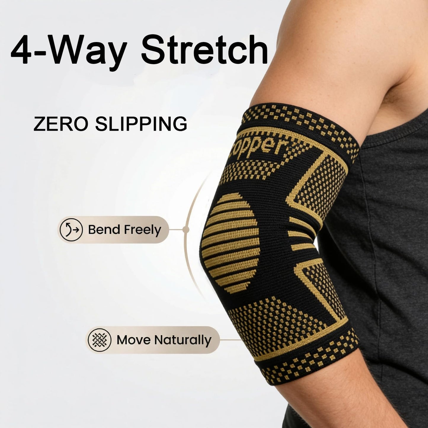 JIQUD Copper Elbow Compression Sleeve, Tennis Elbow Brace for Men and Women, 4-Way Stretch, Pain Relief, Recovery, Arthritis, Tendonitis, Bursitis (Black-Copper, Medium)