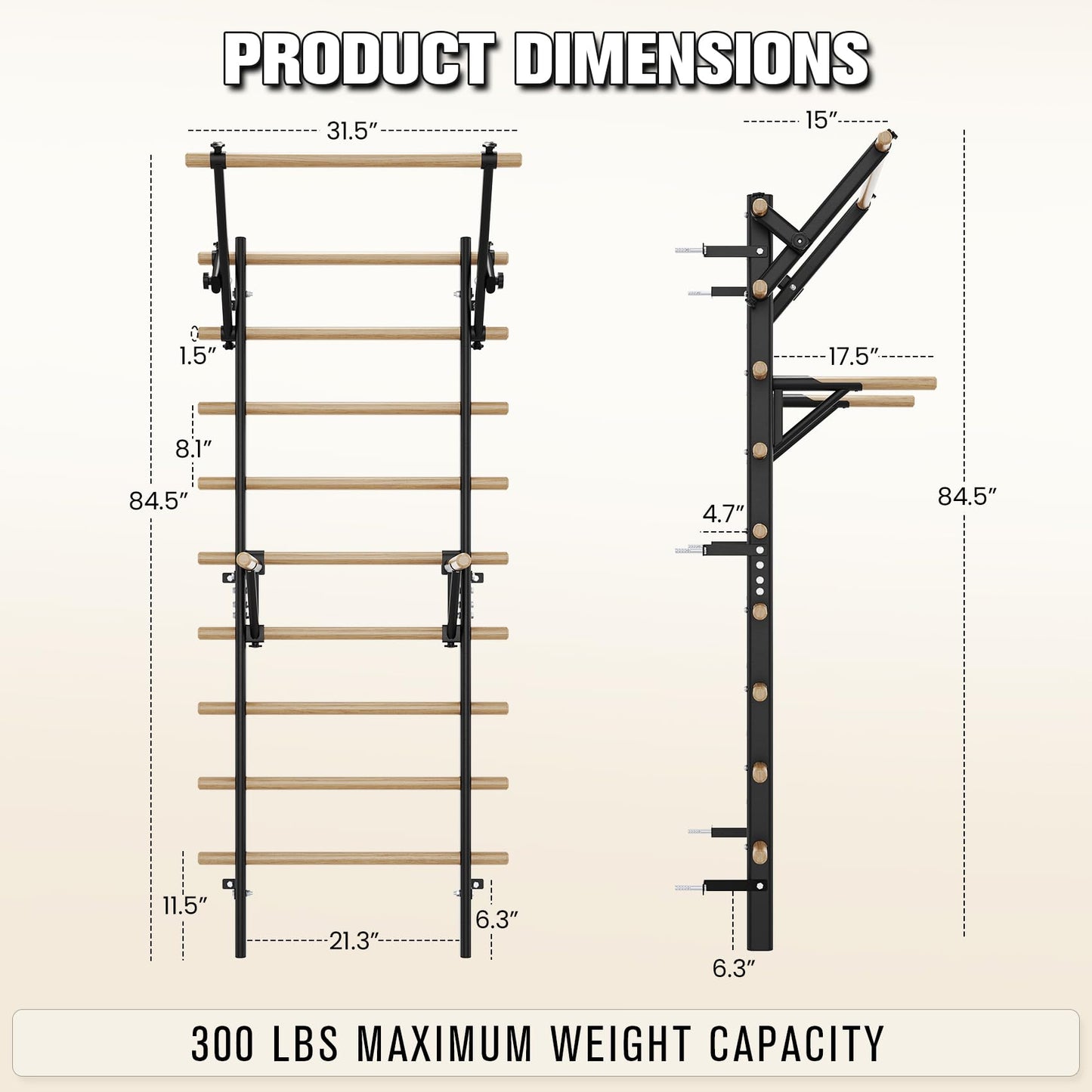 Swedish Ladder Wall Gym, Stall Bar Home Gym with Adjustable Pull-Up Bar, Dip Bar Attachments & 2pcs Resistance Band, 9 Strategic Rods for Core Strengthening and Stretching Balanced for Body Exercise