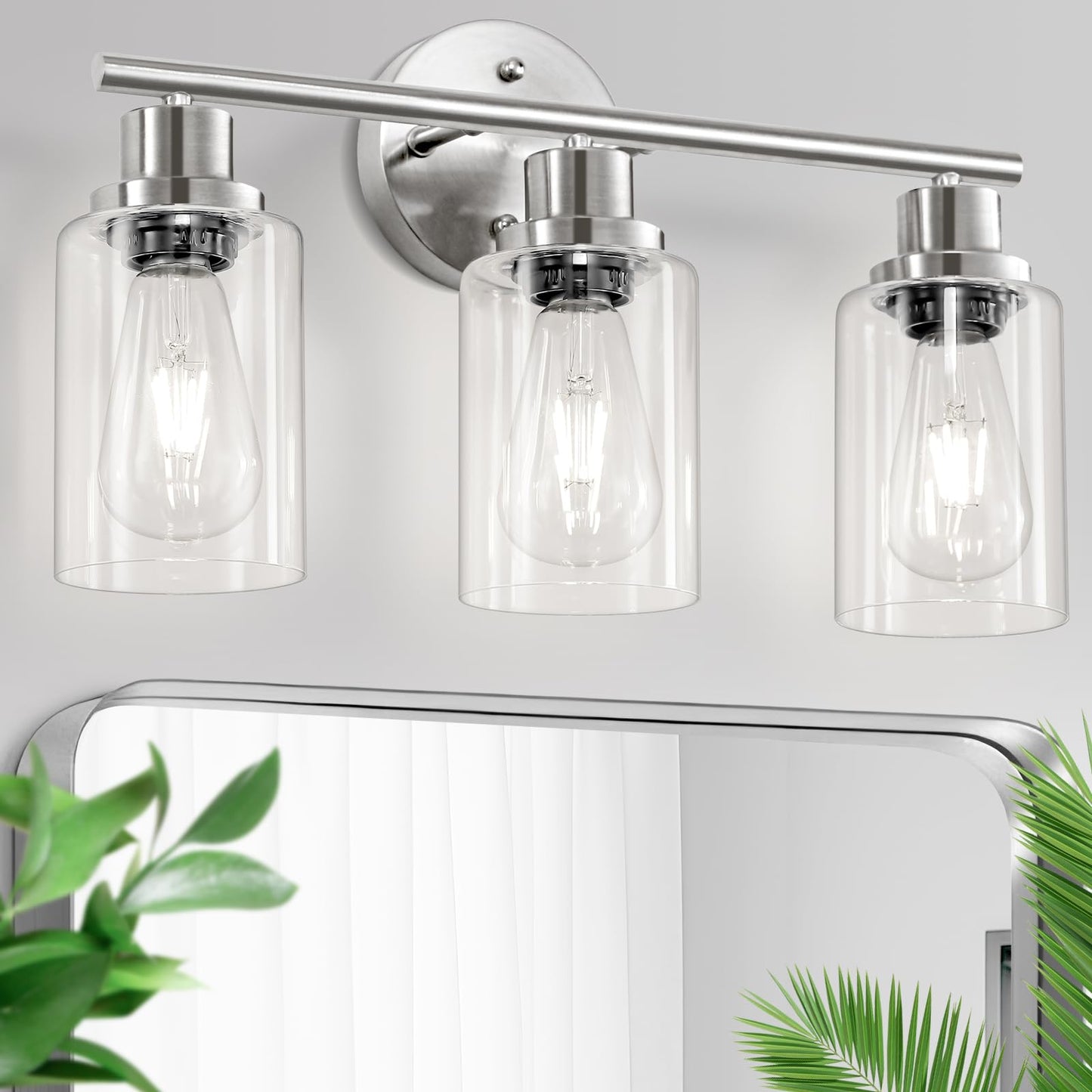 Guliaofo 3-Light Brushed Nickel Vanity Lights, E26 Modern Bathroom Light Fixtures with Clear Glass Shade, Wall Lamps for Mirror Kitchen Hallway Cabinet Living Room Sconces Lights