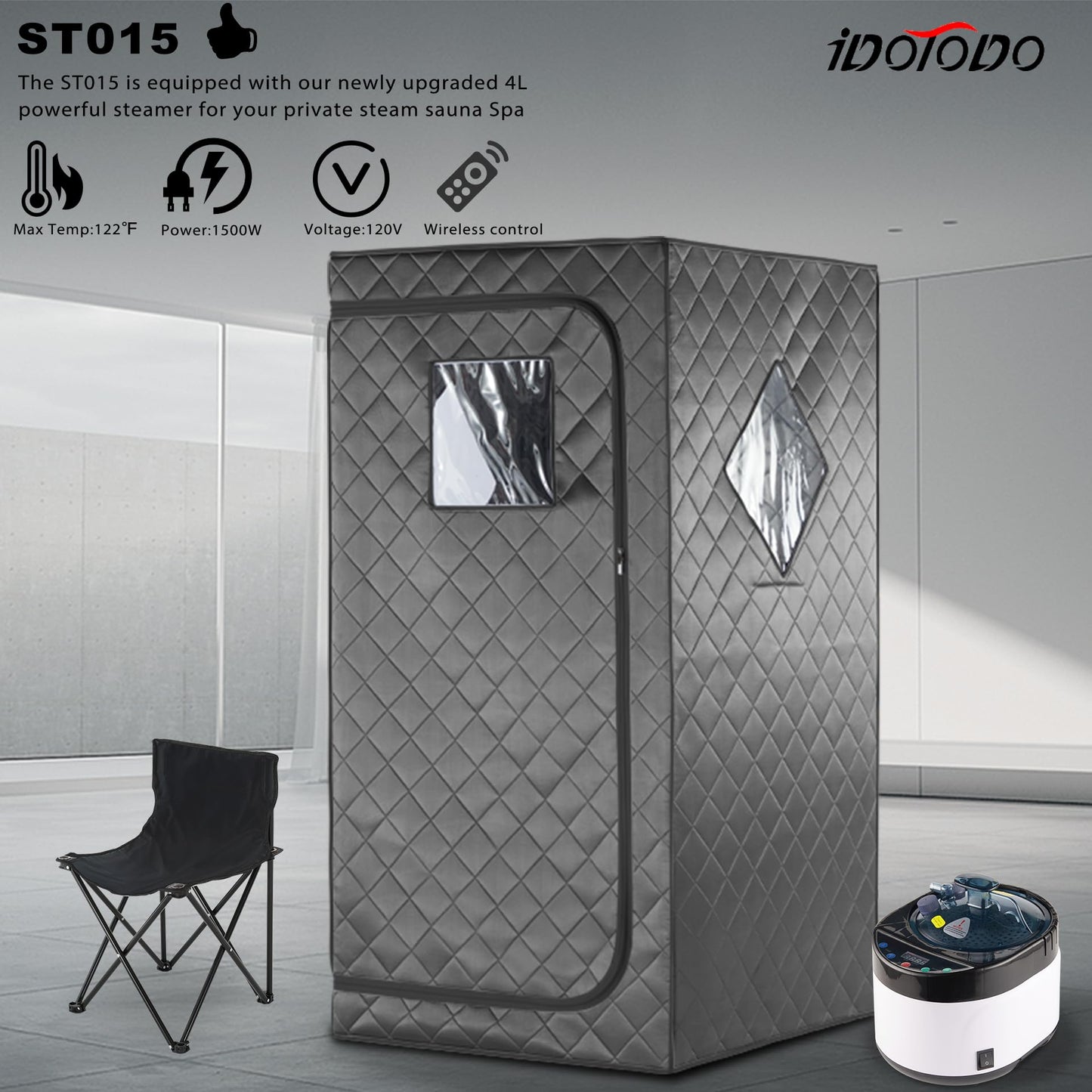 iDOTODO Full Size Home Sauna, Portable Steam Sauna for Home Spa, One Person Foldable Lightweight, Full Body Sauna Tent for Relaxation, 1500W & 4L Steamer Generator, Remote Control, Foldable Chair