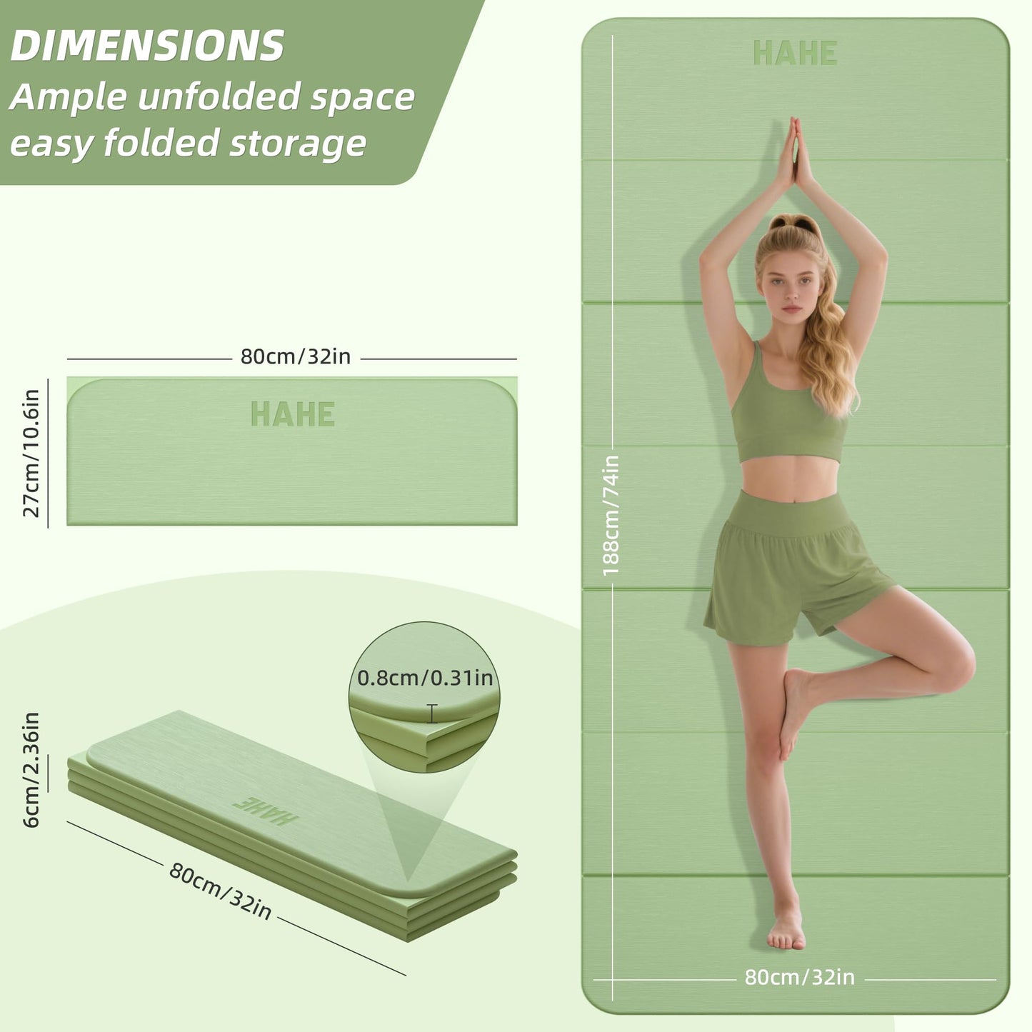 Foldable Yoga Mat,74"Lx32"Wx1/3"Thick,Folding Exercise Mat,Non-slip Wide Pilates Mats for Home Workout/Travel, Portable Yoga Mat Thick for Yoga/Pilates/Camping/Floor Exercises (Green)