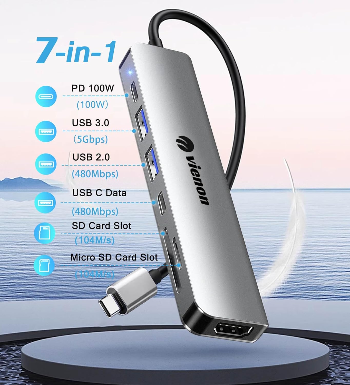 vienon 7 1 4K USB C Hub HDMI Adapter for Monitor, in USB C Docking Station with HDMI, SD/TF Card Reader Compatible