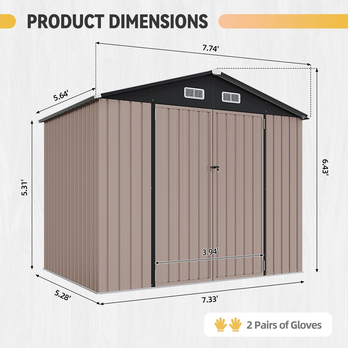 Aoxun 8x6FT Shed with Floor Galvanized Steel Outdoor Storage Shed Metal Garden Shed with Double Doors, Moisture-Proof Floor & Ventilation, Sloped Roof for Bike/Generator/Tool Storage (Brown)