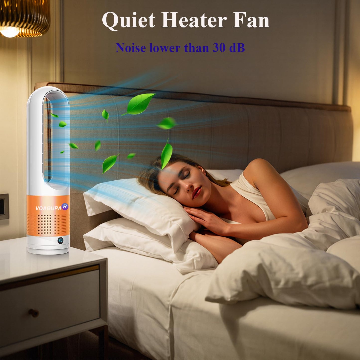 Bladeless Heater and Fan Combo, 1400 Watt Heater Fan and 40 Watt Cold Fan, 80° Oscillating Fan, All the Season Use, Remote and Touch Control, Floor Tower fan, Office Room, Bedroom, Orange White