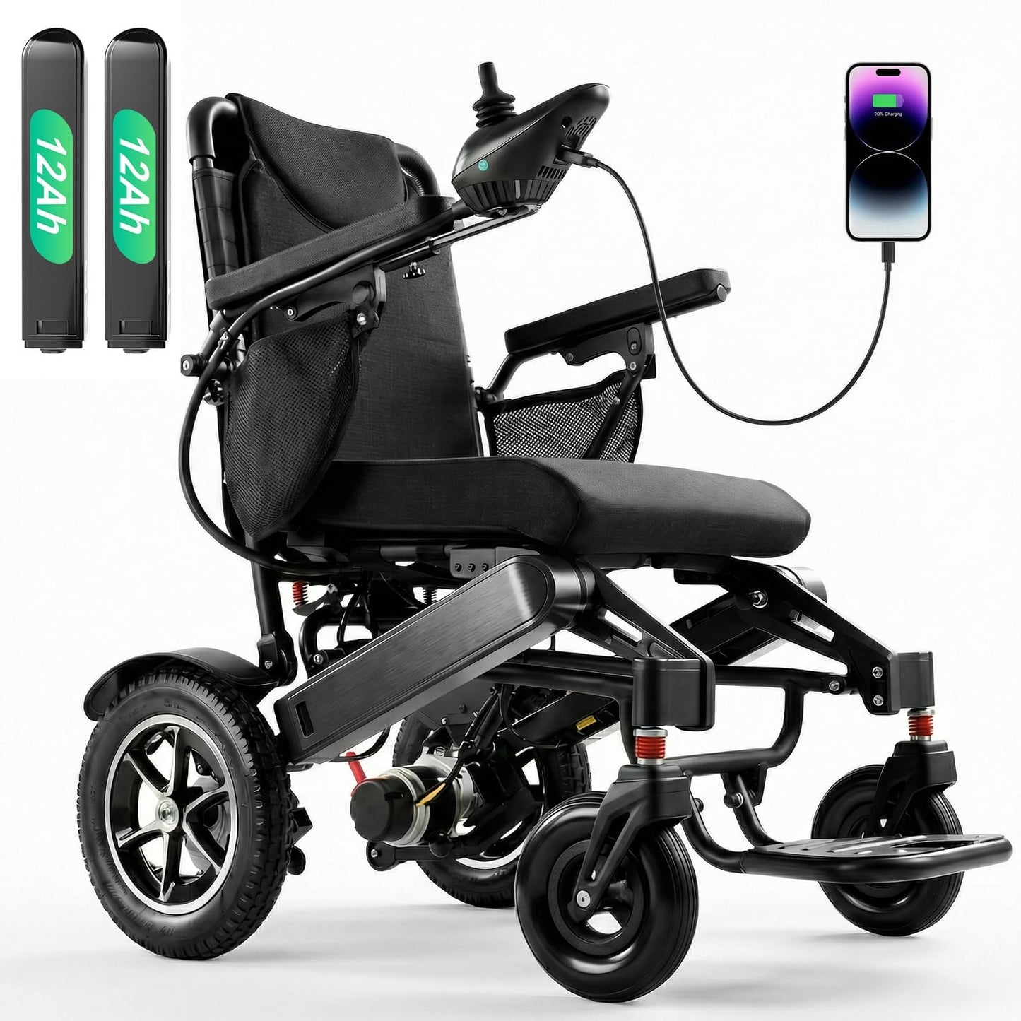 35 Miles Long Range Electric Wheelchair for Adults, Foldable Motorized Wheelchair with 2 Removable 12Ah Batteries, All Terrain Power Wheelchairs for Senior, Airline Approved, Black